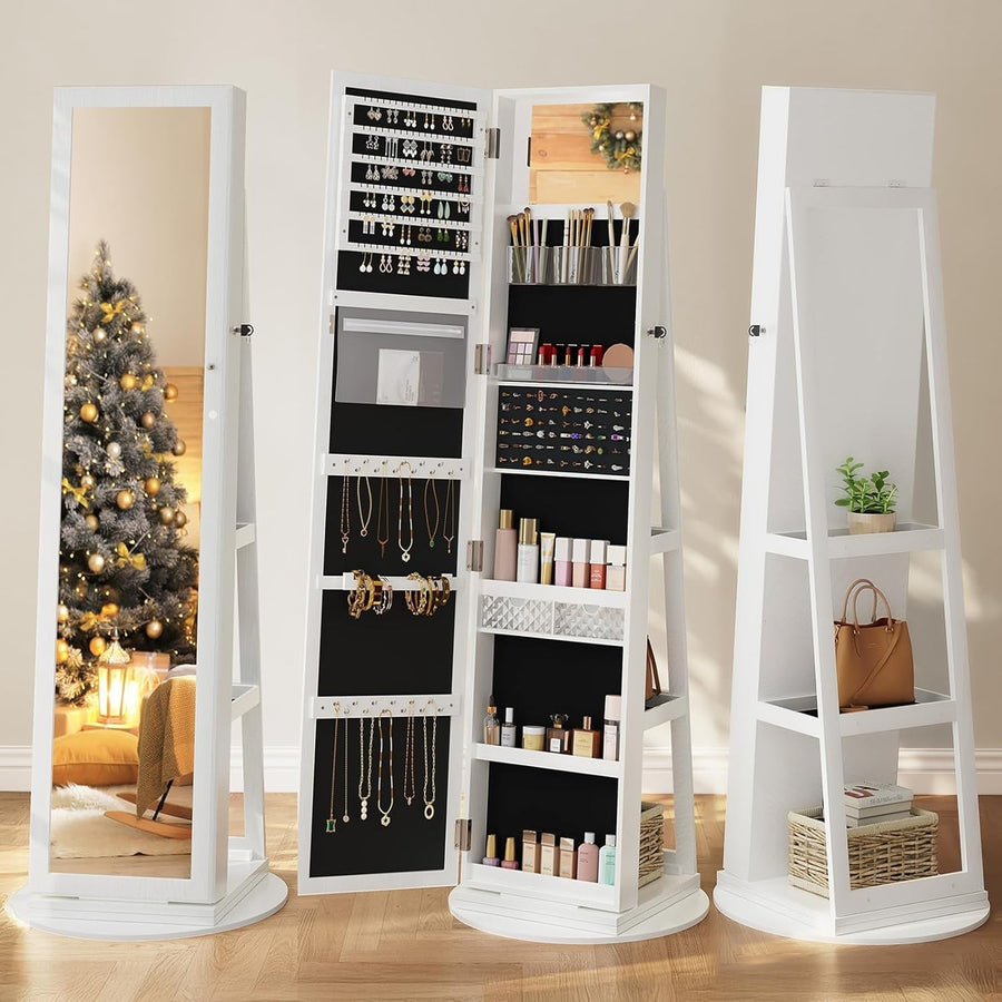 White 360° Swivel Jewelry Organizer Mirror Lockable Storage Wardrobe Stand