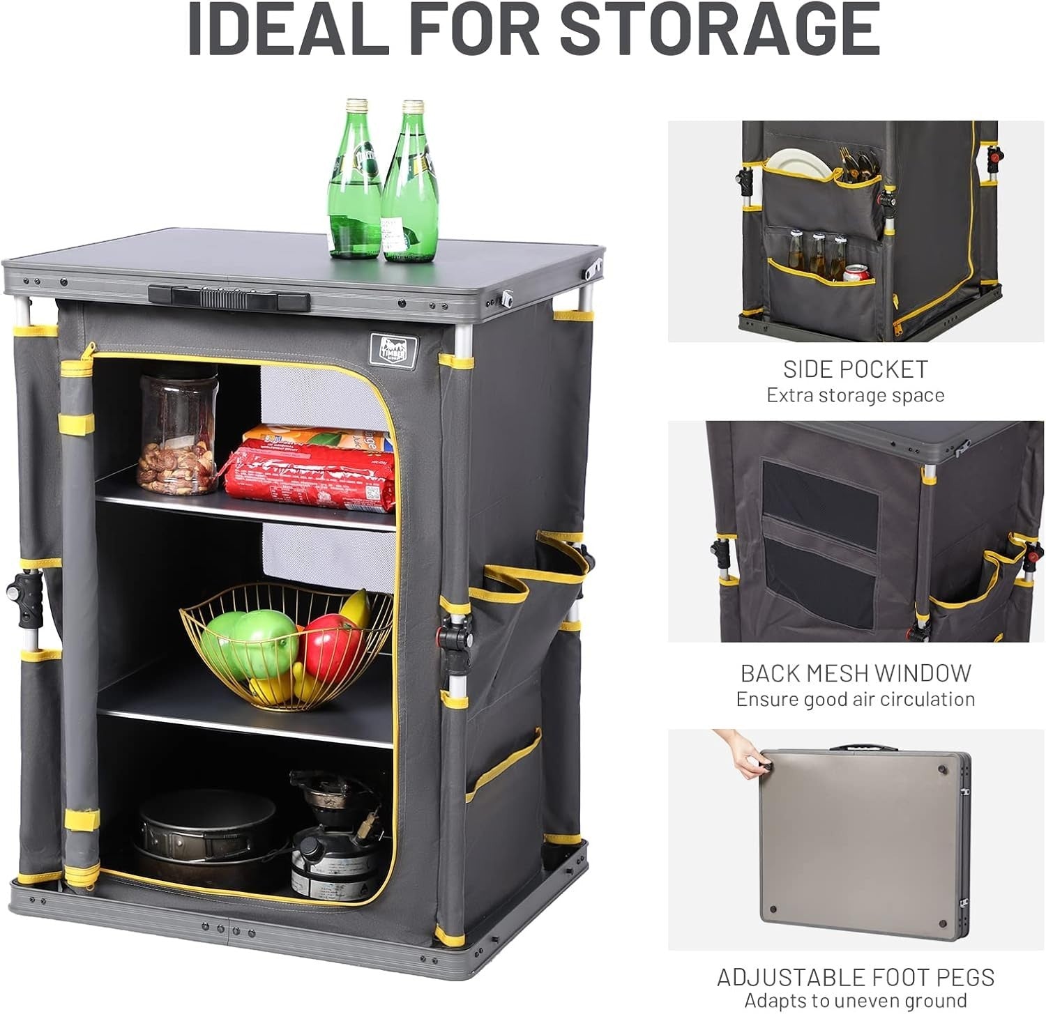 Folding Camping Kitchen Unit 3 Shelf Cupboard Outdoor Storage 30kg