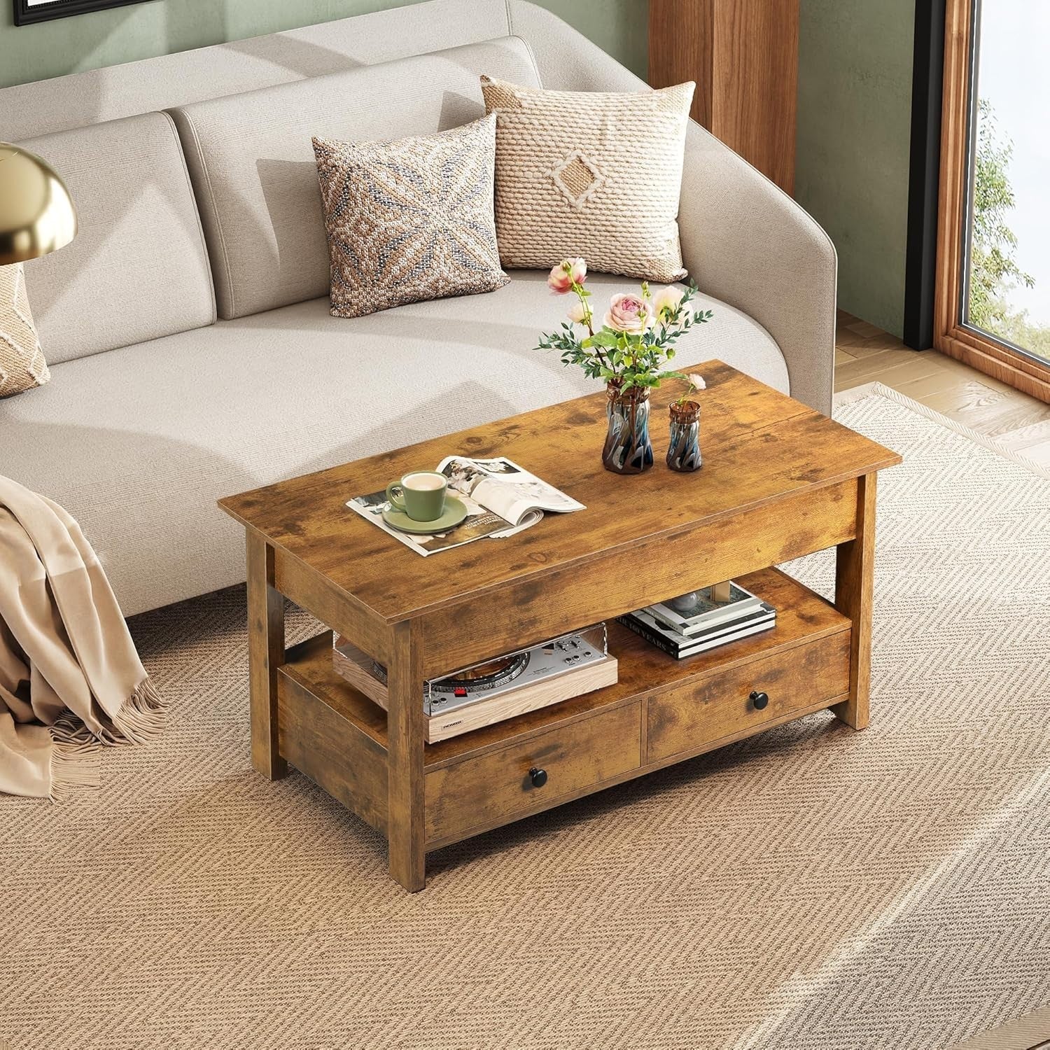 Lift Top Coffee Table with Storage Drawers & Hidden Compartment 100x50cm