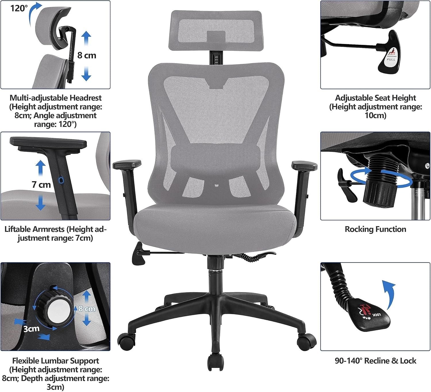Ergonomic Mesh Office Chair Swivel Computer Desk Seat Reclining Grey 300lbs Max