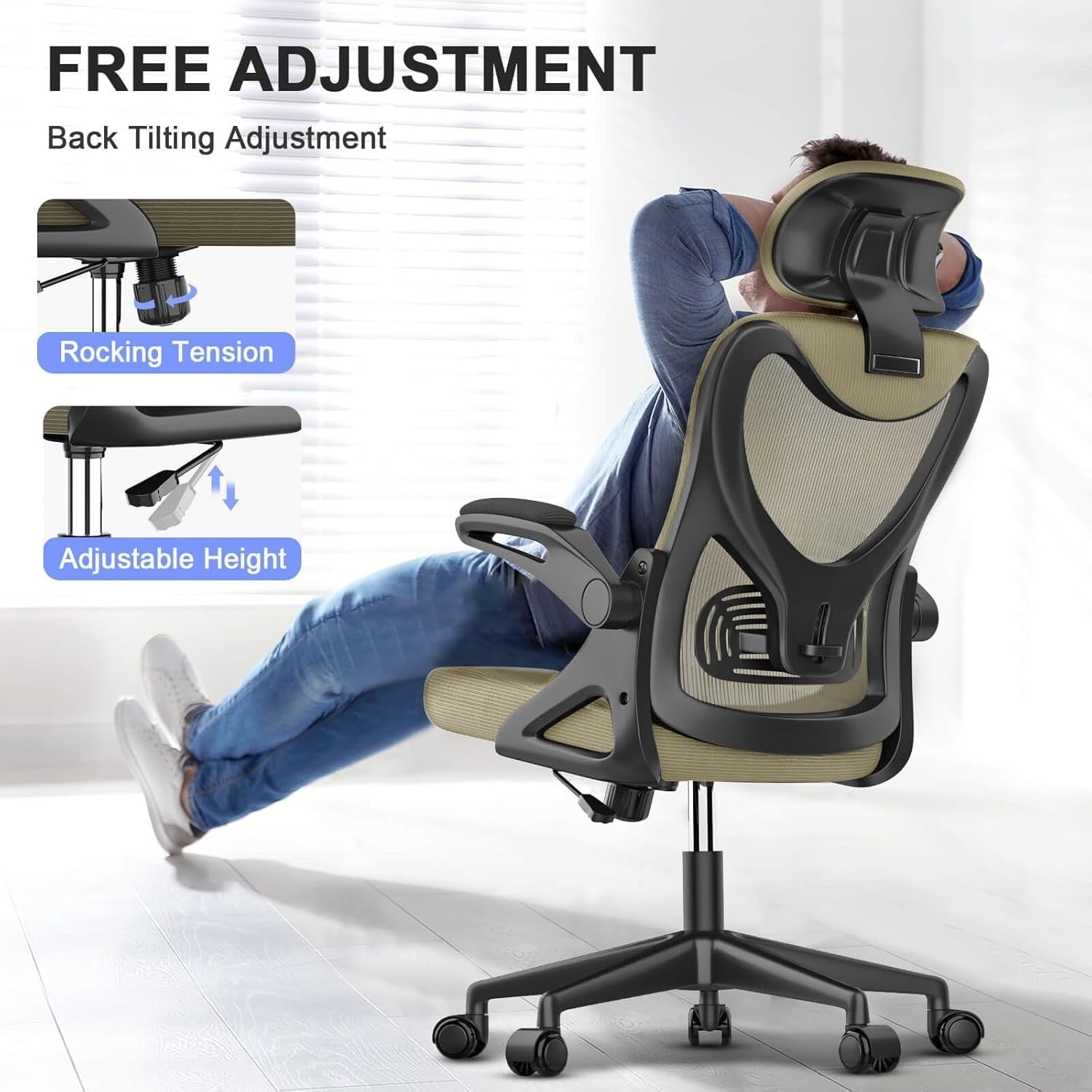 Ergonomic High Back Office Chair Adjustable Headrest Lumbar Support Mesh Flip-Up
