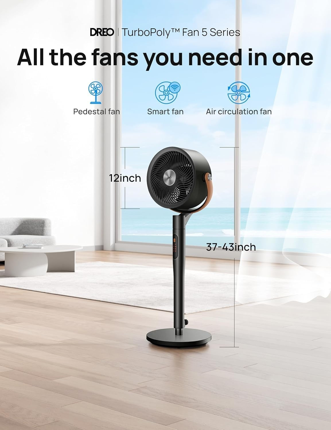 43-Inch Smart Standing Fan Black Quiet DC Motor 8-Speed Floor Fan w Remote App