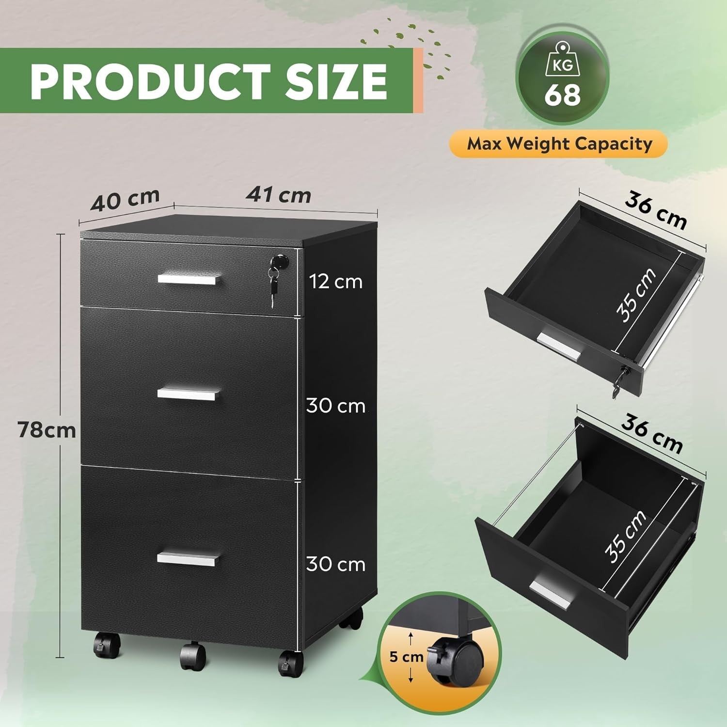 Black 3 Drawer Lockable Filing Cabinet with Wheels A4 Storage Office Drawer Unit