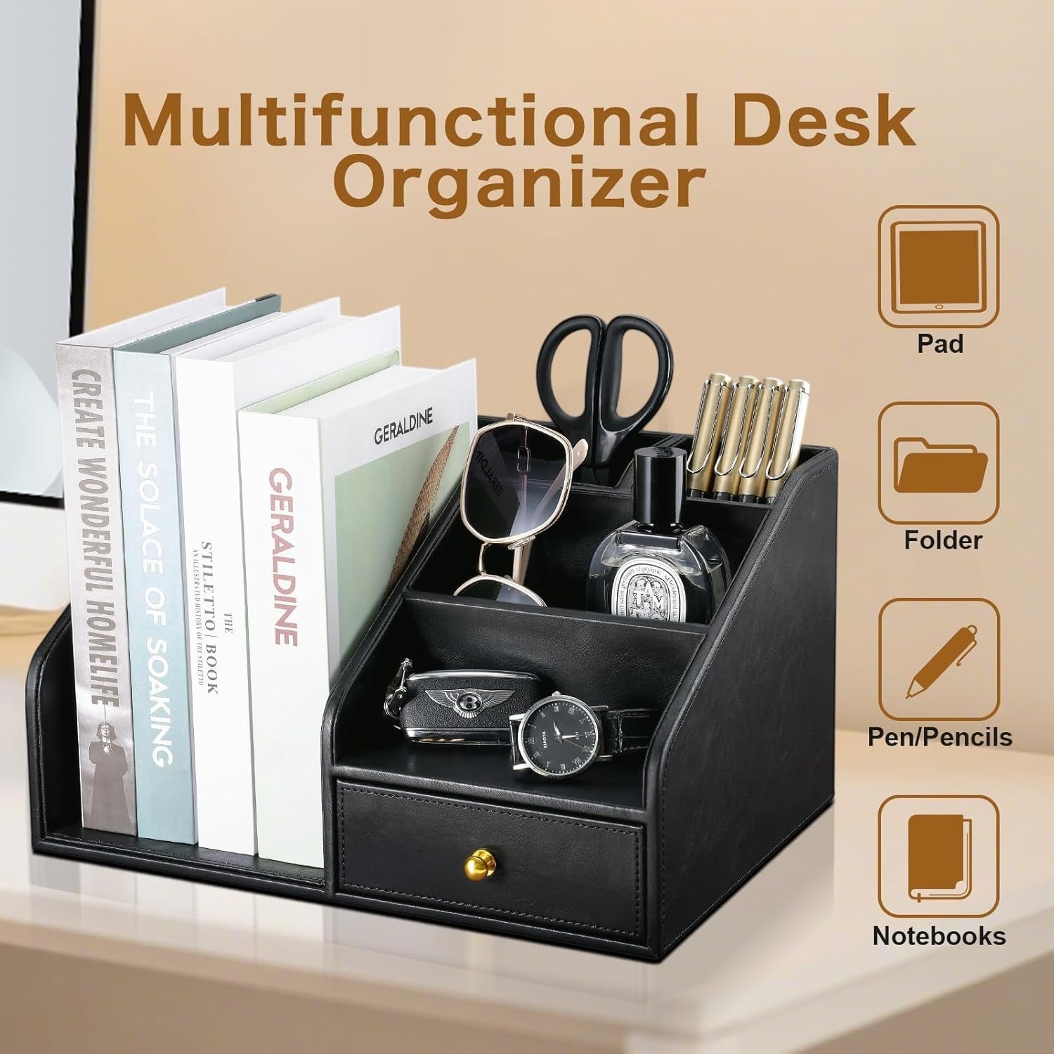 Black PU Leather Desk Organizer with A4 Magazine Rack & Pen Holder