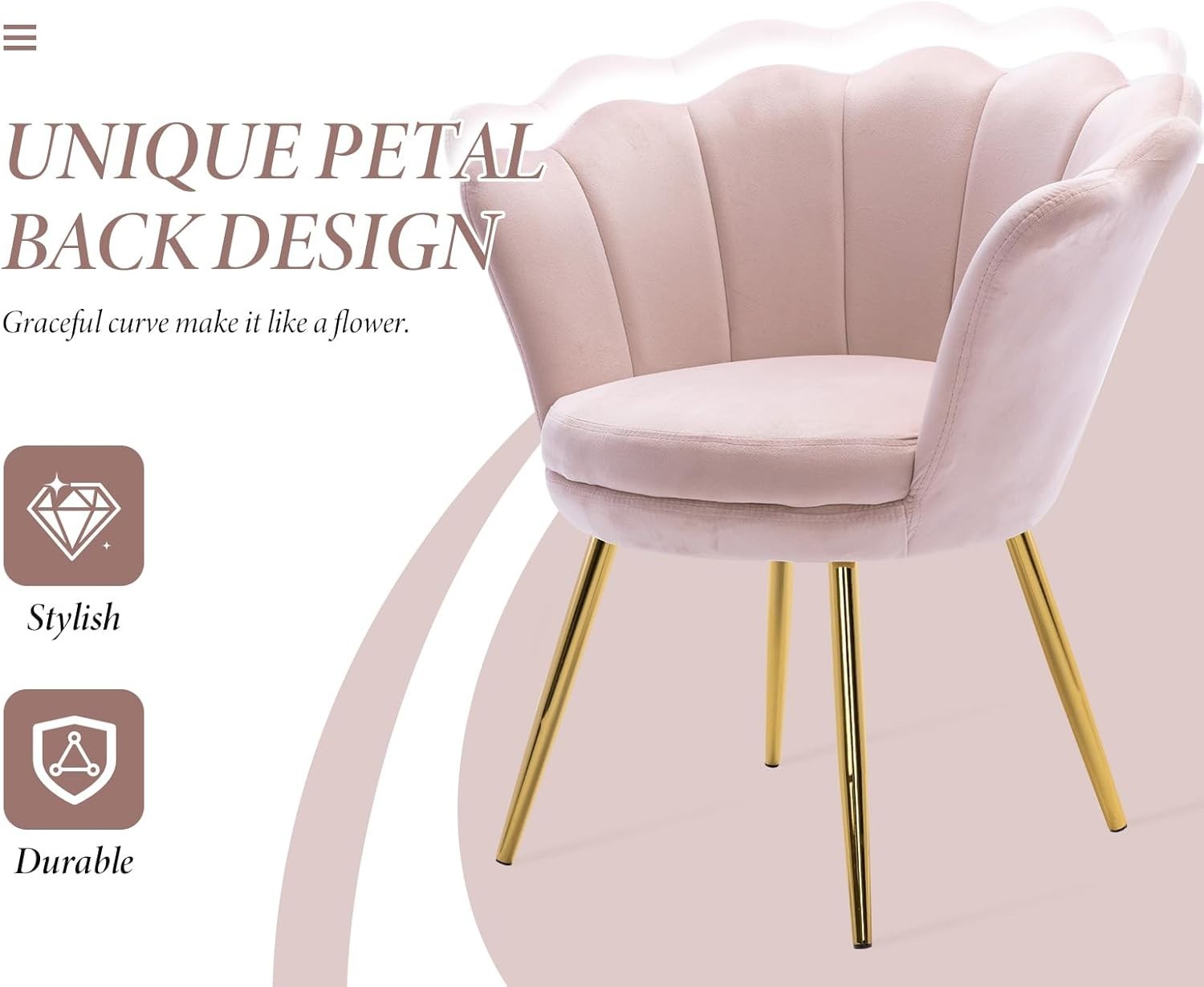 Light Pink Velvet Lounge Chair Gold Legs | Petal Back Armchair for Bedroom