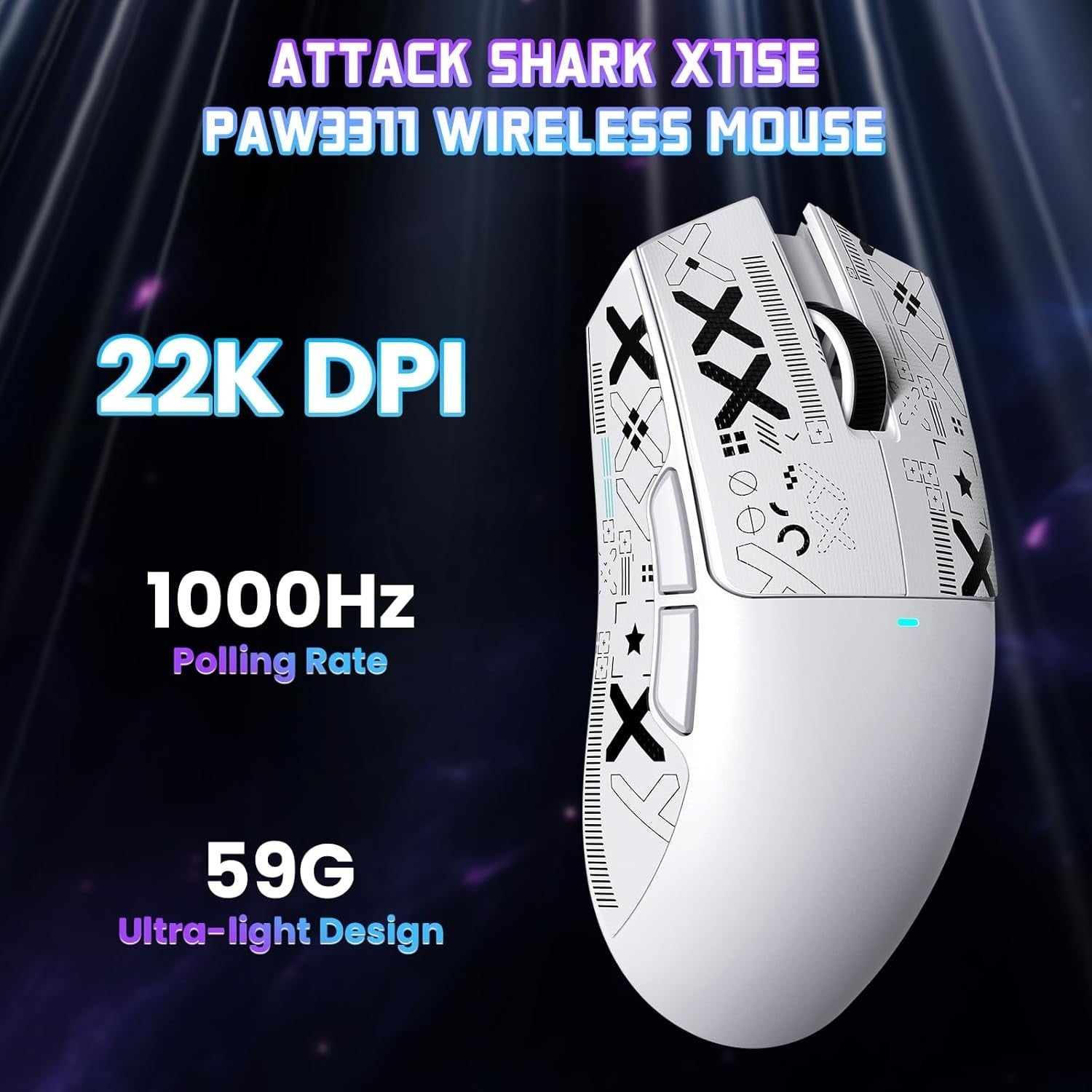 Wireless Gaming Mouse 22000 DPI 65H BT 2.4G USB White Grip
