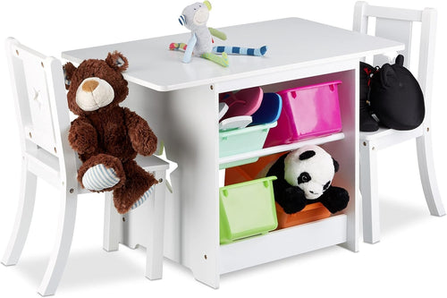 Kids Wooden Table & Chairs Set with Storage, White, Star Cutouts, Durable