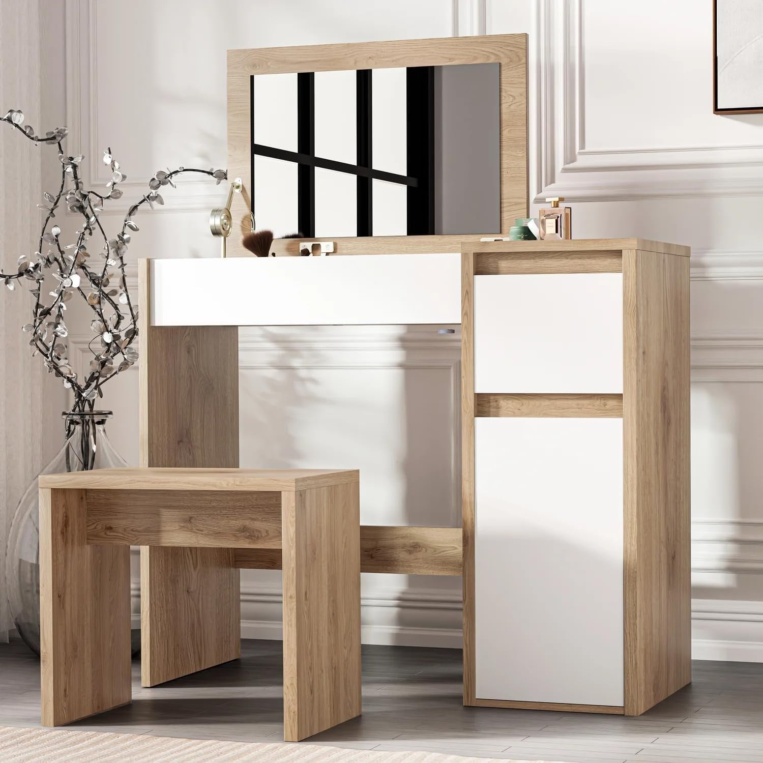 Makeup Vanity Desk with Flip-Up Mirror Storage Drawer Stool Oak/White