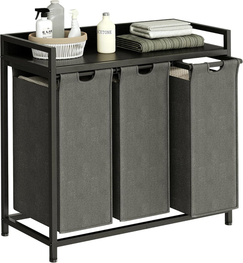 3 Section Laundry Basket with Shelf Removable Bags Wheels Black Grey 180L