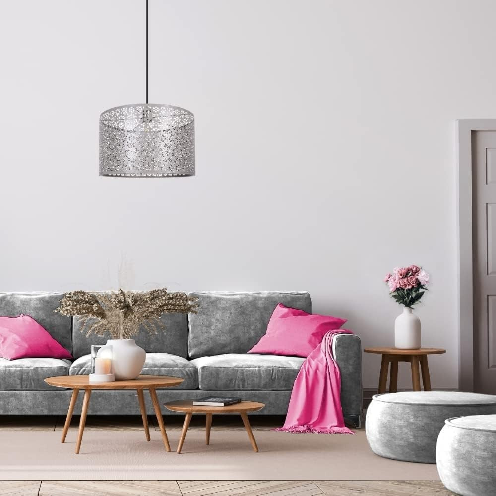 Moroccan Matt Grey Metal Floral Pendant Light Shade 40cm Ceiling Decor
