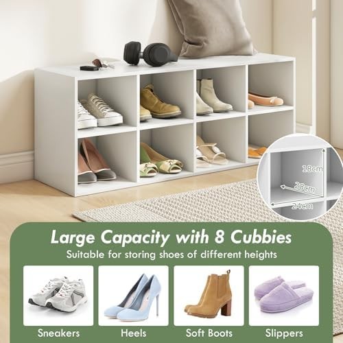 White Shoe Bench with 8 Compartment Storage Rack Seat for Hallway Bedroom