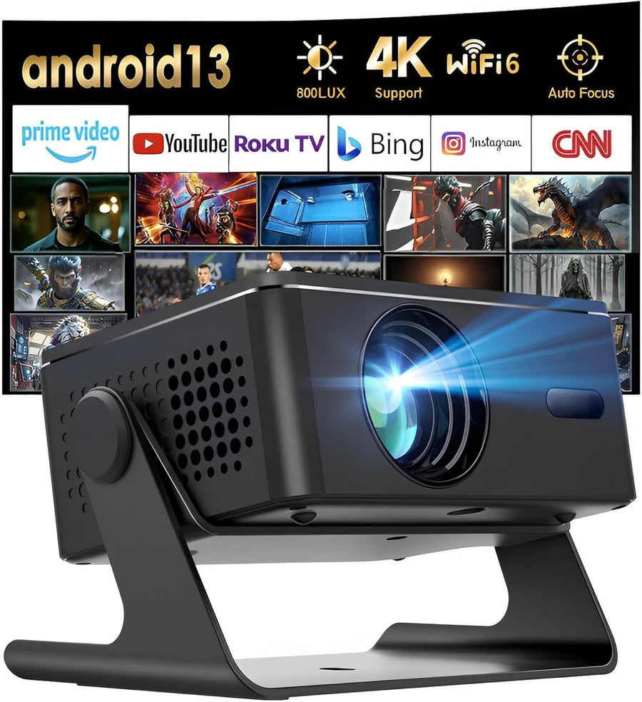 Mini Smart Projector Android 13 WiFi Bluetooth 4K Support 180° Rotate