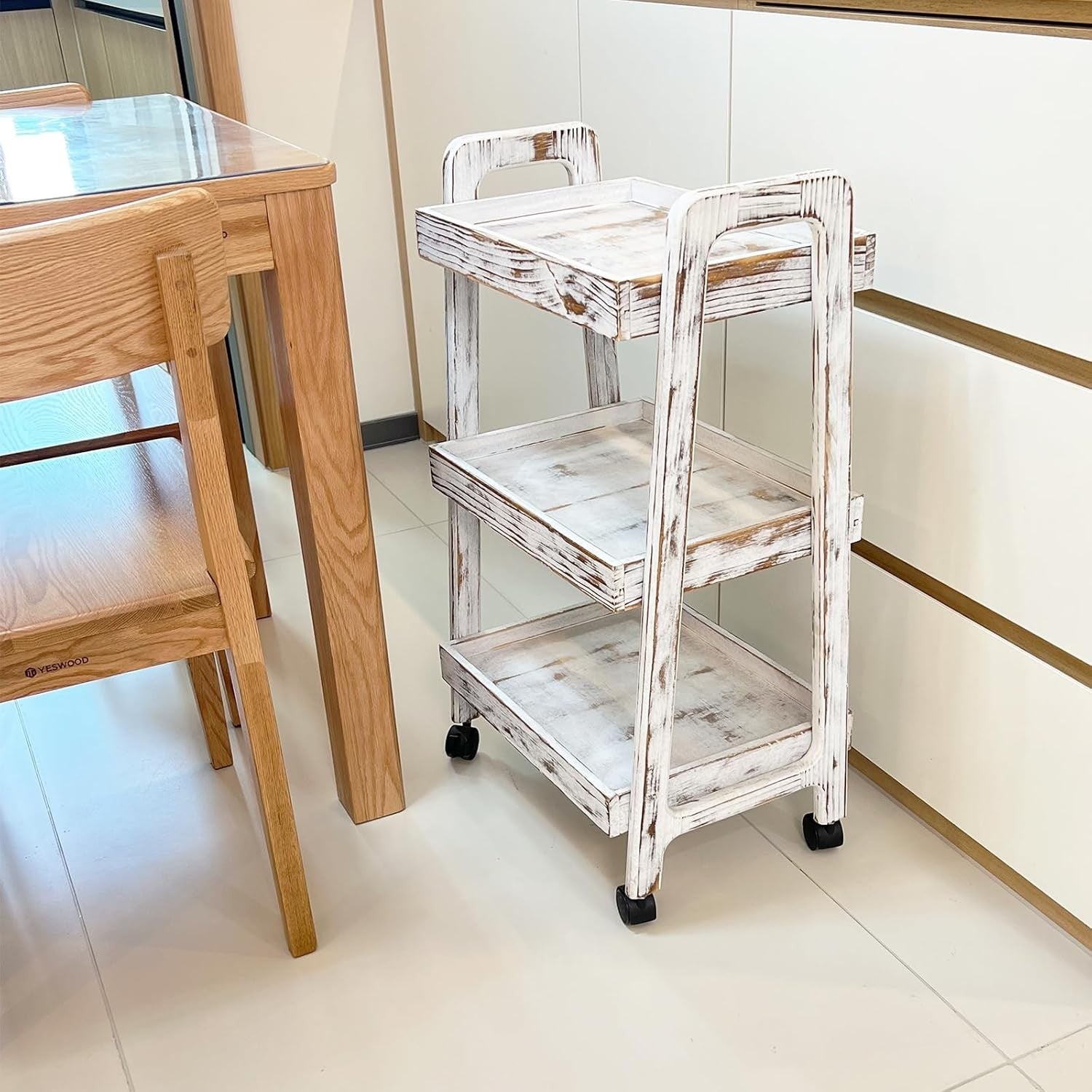 3 Tier Wooden Rolling Cart Storage Trolley Kitchen Bathroom Utility Wheels