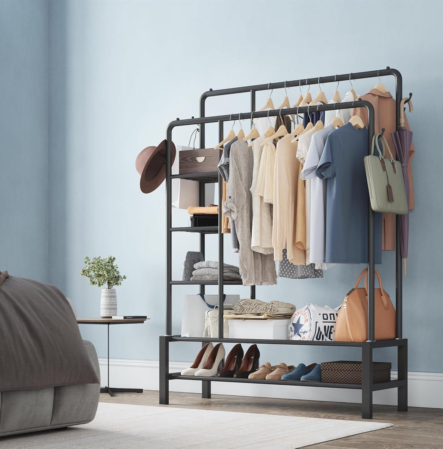 Heavy Duty Clothes Rail Black 120KG Double Hanging Rack With Shelves