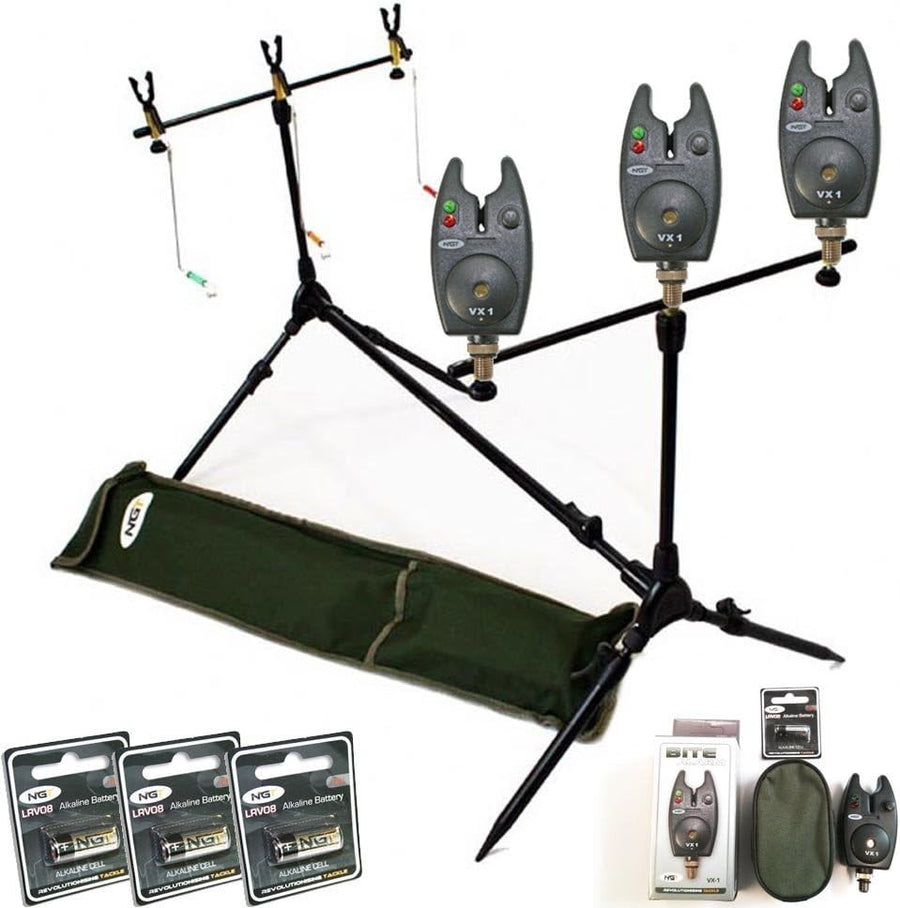 NGT Carp Fishing Rod Pod Set | 3 Swingers + Bite Alarms + Carry Case