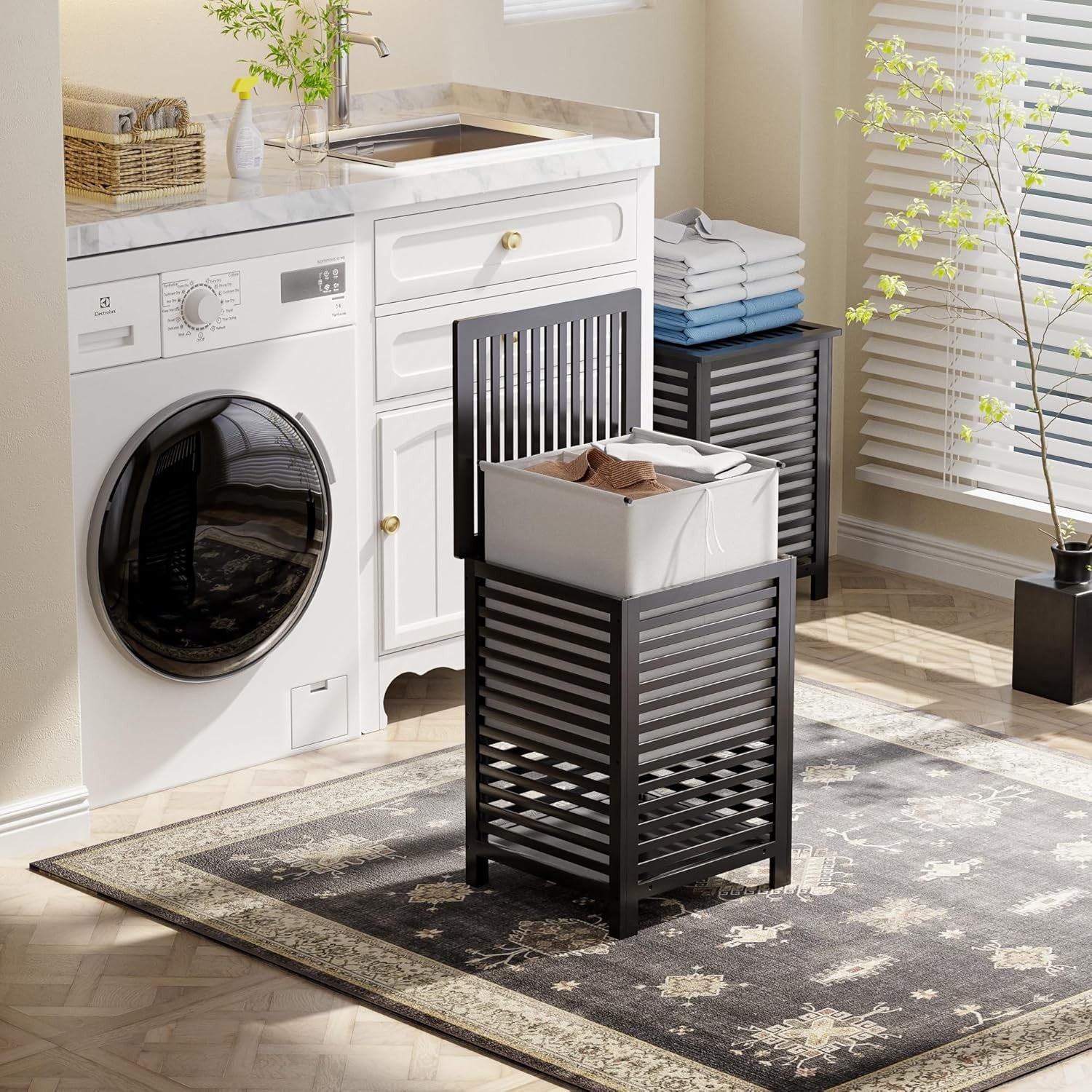 Black Bamboo Double Laundry Hamper with Lid 120L 2 Section Basket 47x47x65cm