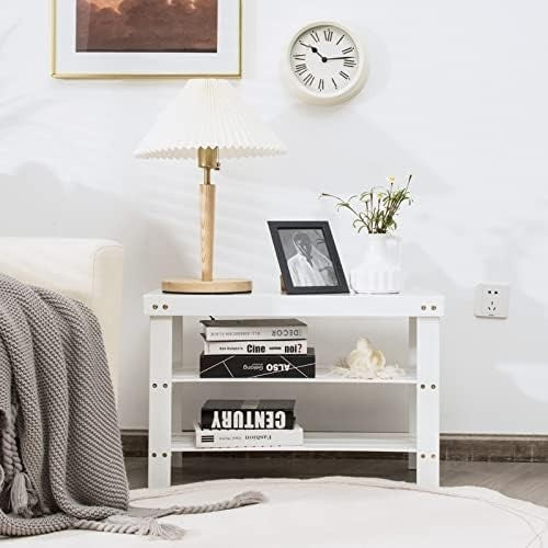 White Bamboo Shoe Storage Bench – 3-Tier Rack & Seat for Entryway 70cm