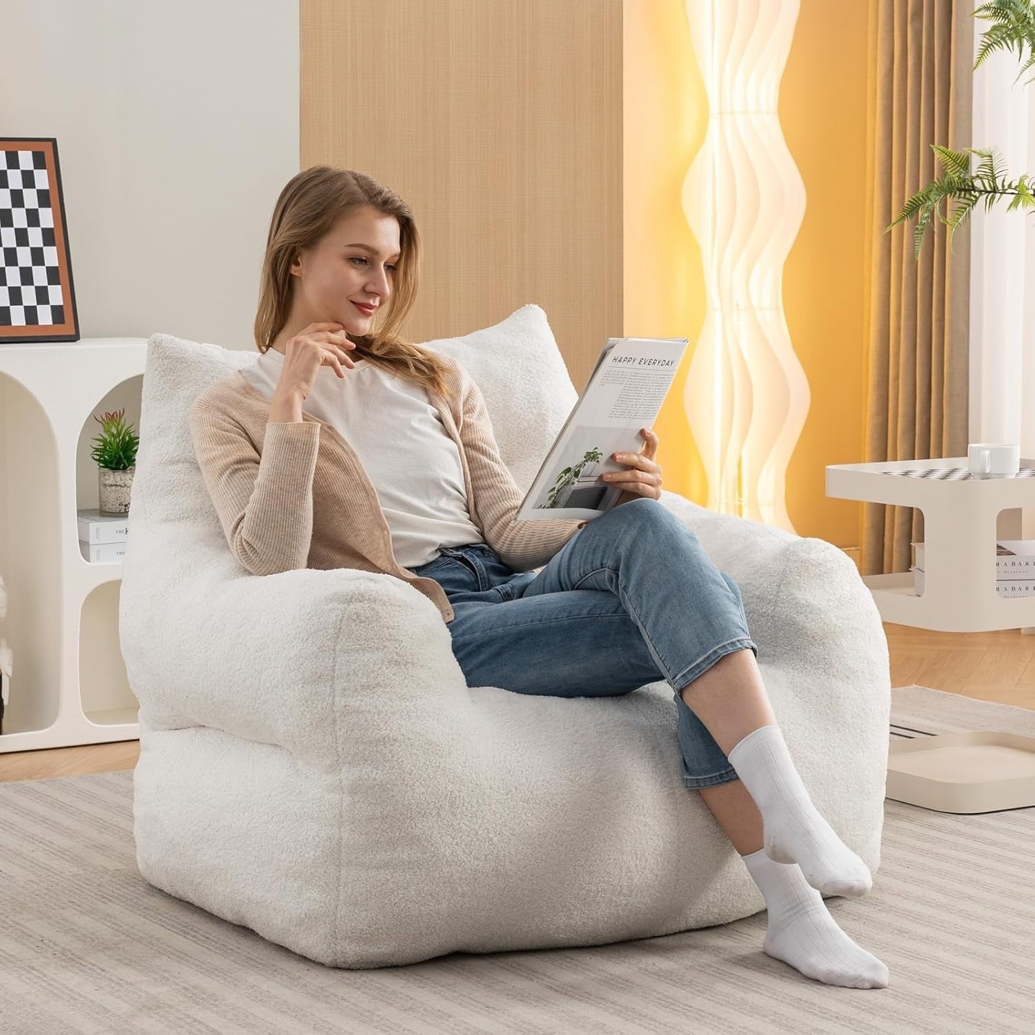 White Memory Foam Bean Bag Chair | Large Teddy Sofa Seat for Adults Room