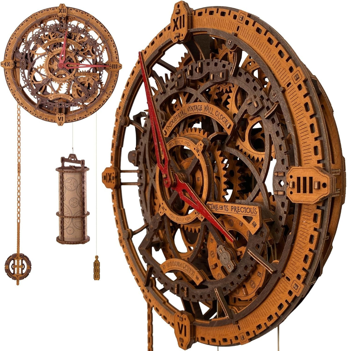 Vintage Industrial Wooden 3D Puzzle Clock Kit with Pendulum for Adults DIY