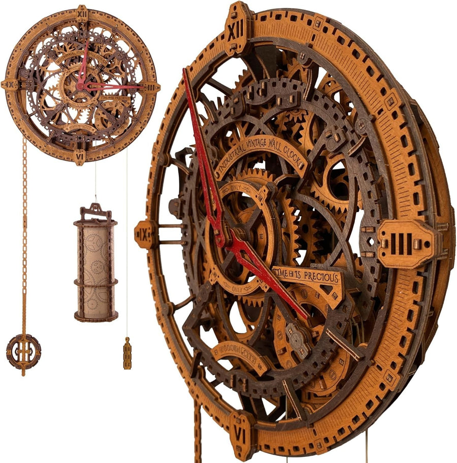 Vintage Industrial Wooden 3D Puzzle Clock Kit with Pendulum for Adults DIY