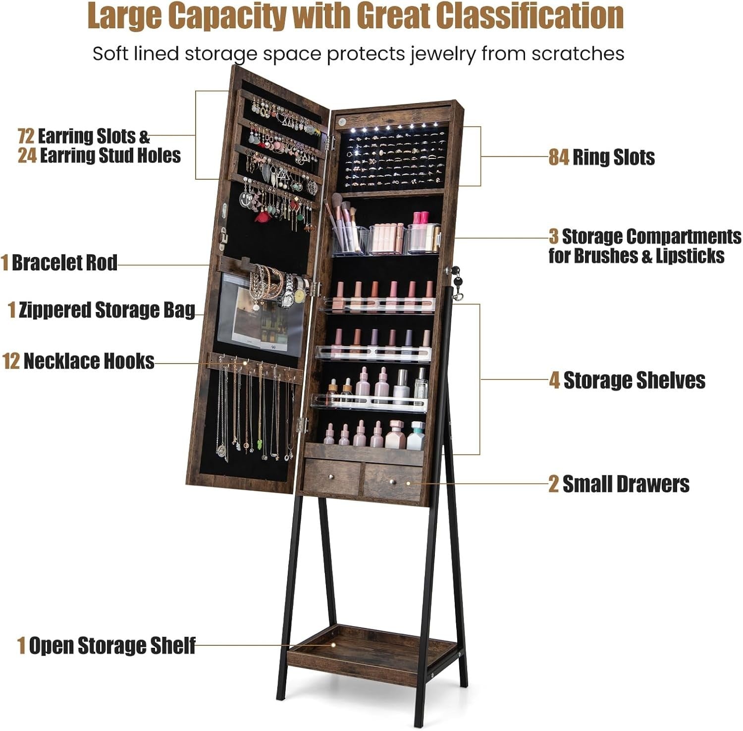 Rustic Brown LED Jewellery Armoire Full Length Mirror Lockable Organizer