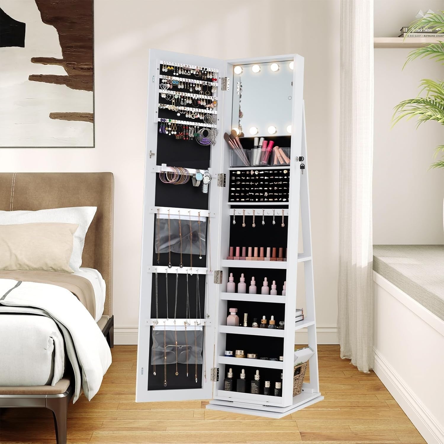 White 360° Swivel Jewelry Cabinet LED Makeup Mirror Lockable Storage