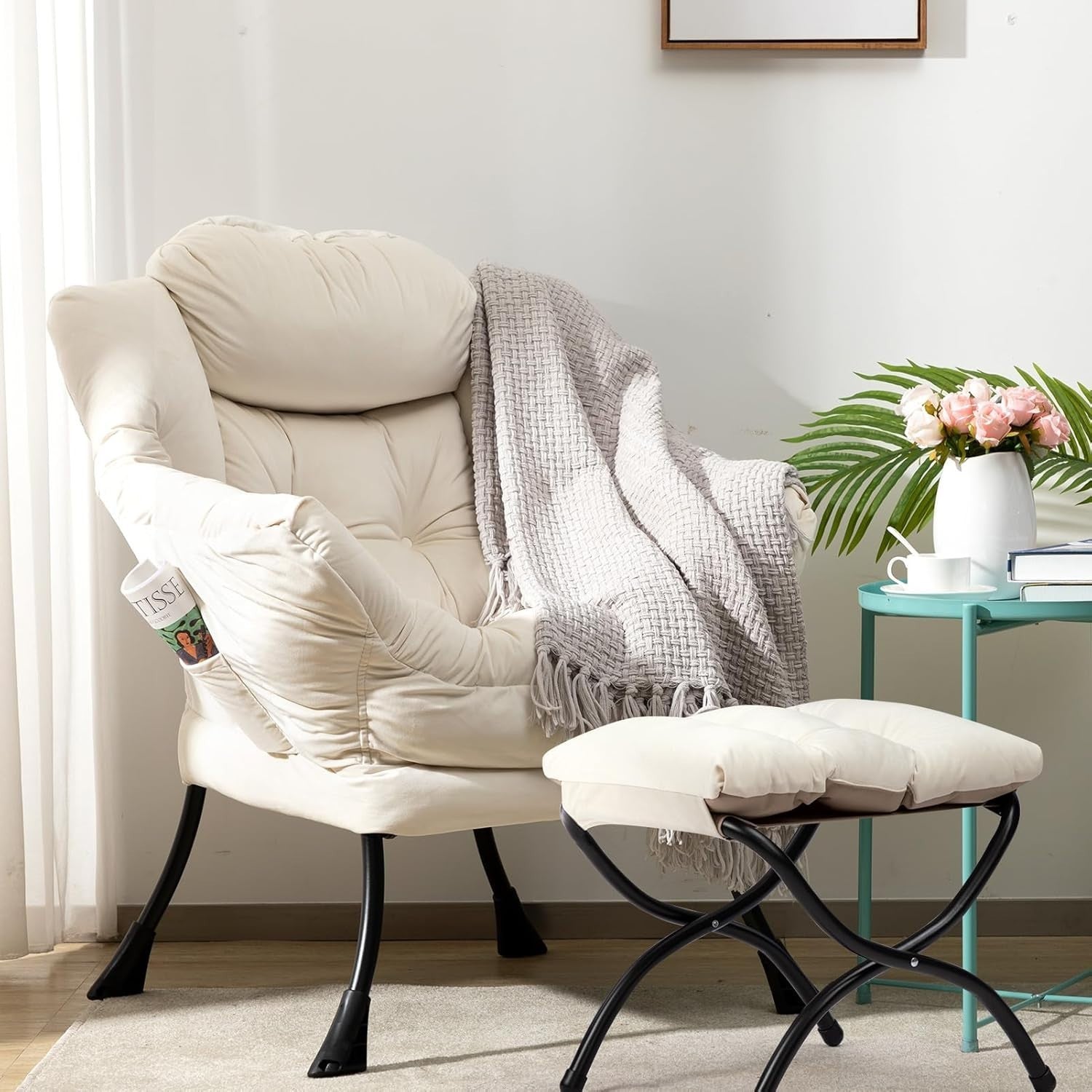 Plush Velvet Armchair with Footstool Living Room Bedroom Lounge Chair Beige