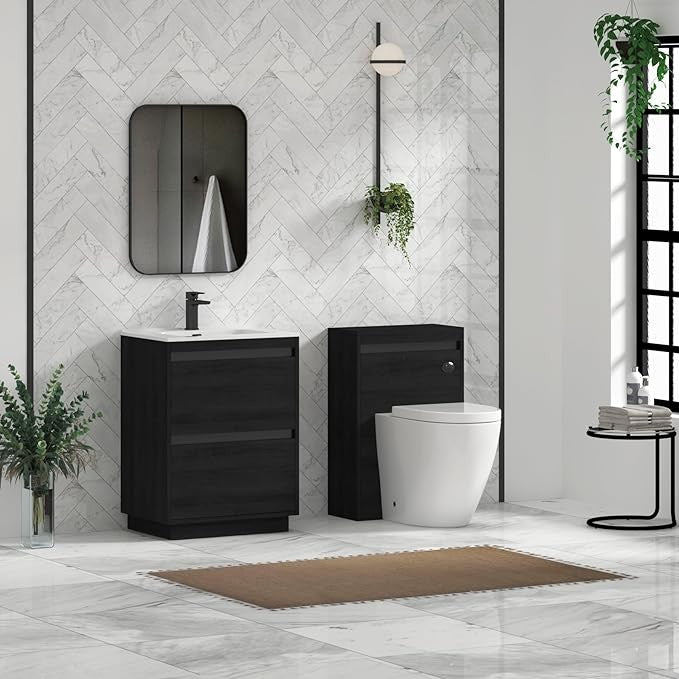 600mm Black Floor Standing Vanity Unit with Basin Sink 2 Drawer Bathroom Cabinet