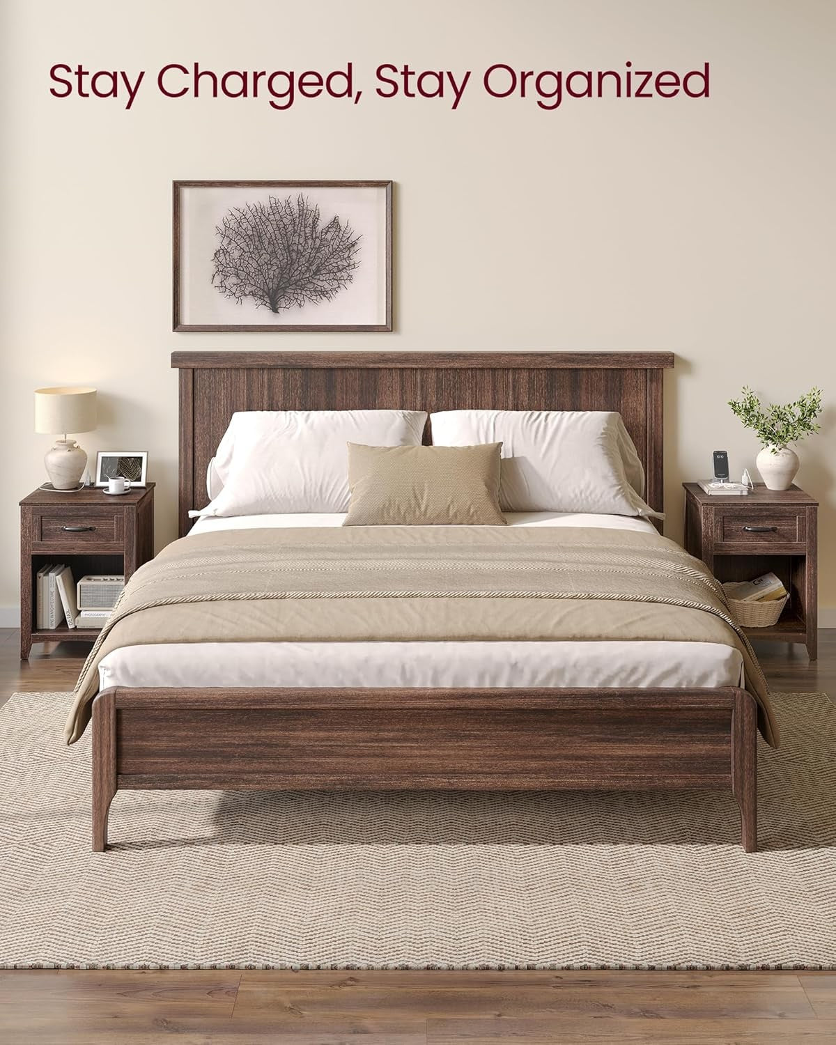Farmhouse Bedside Table with Charging Station, Drawer & Open Shelf – Maroon Brow