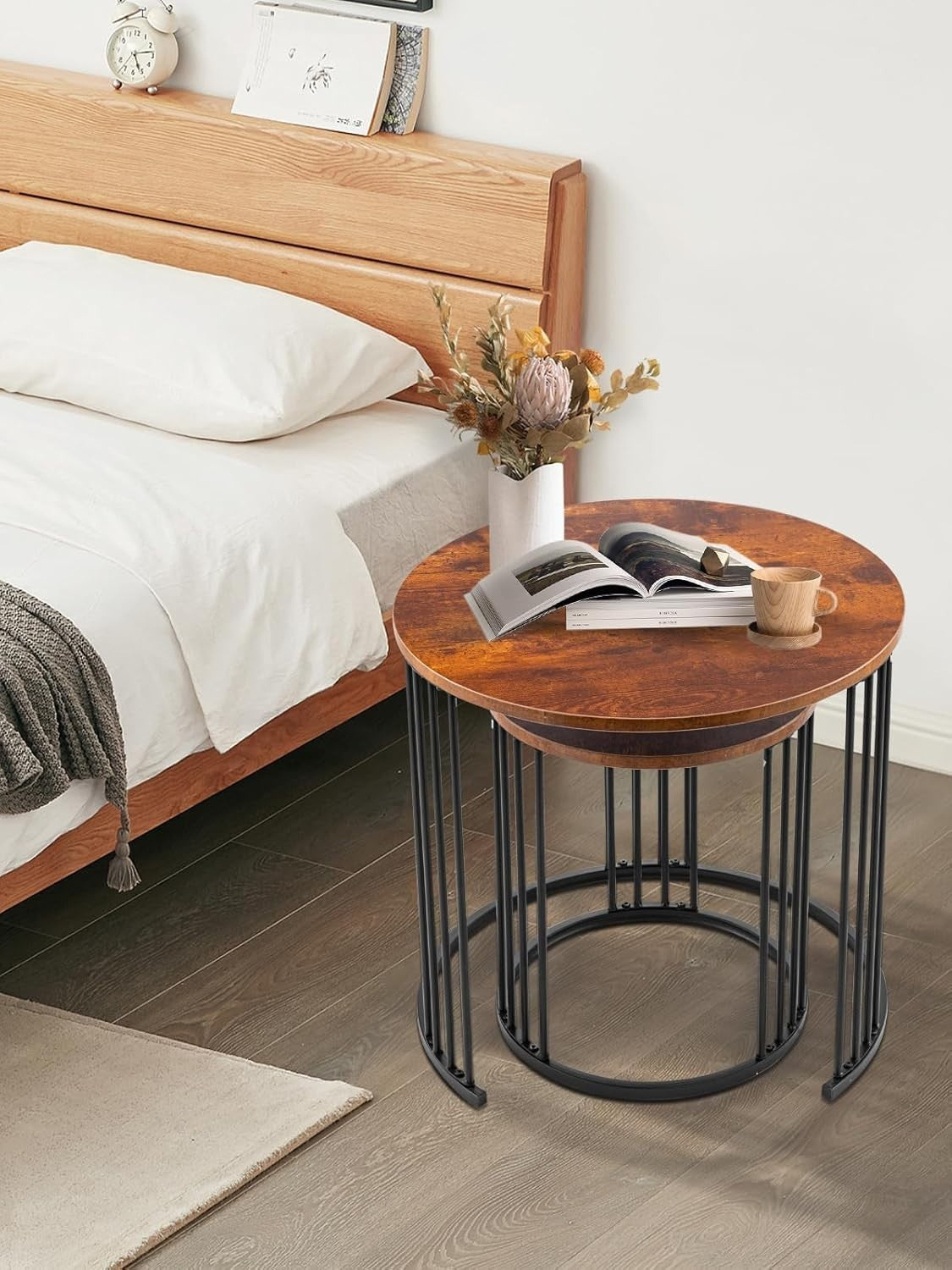 Brown Wood Nesting Coffee Table Set Round Modern Rustic Metal Frame Sled Base