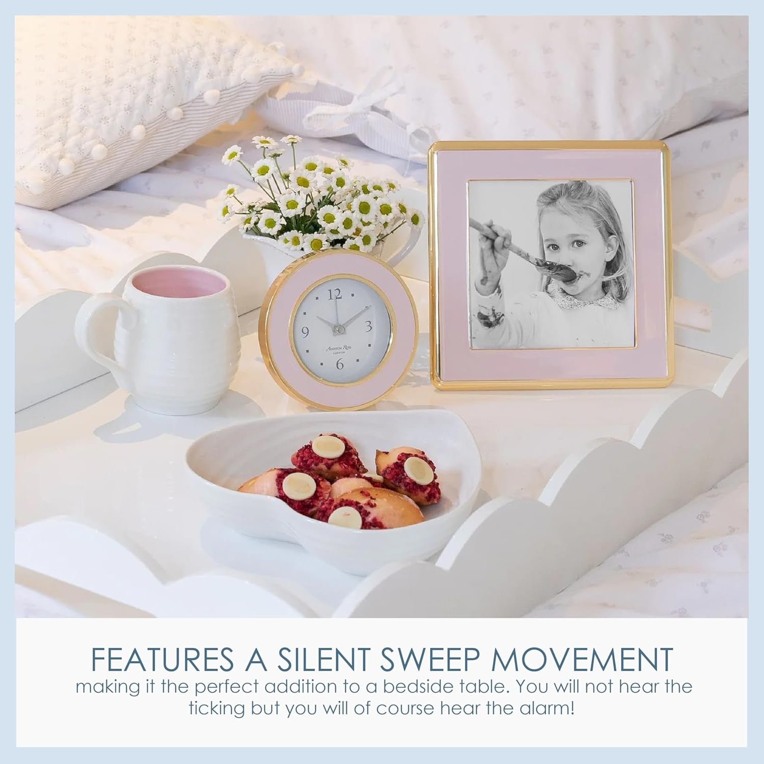 Silent Sweep Alarm Clock Pastel Pink Gold Compact Bedside Home Decor