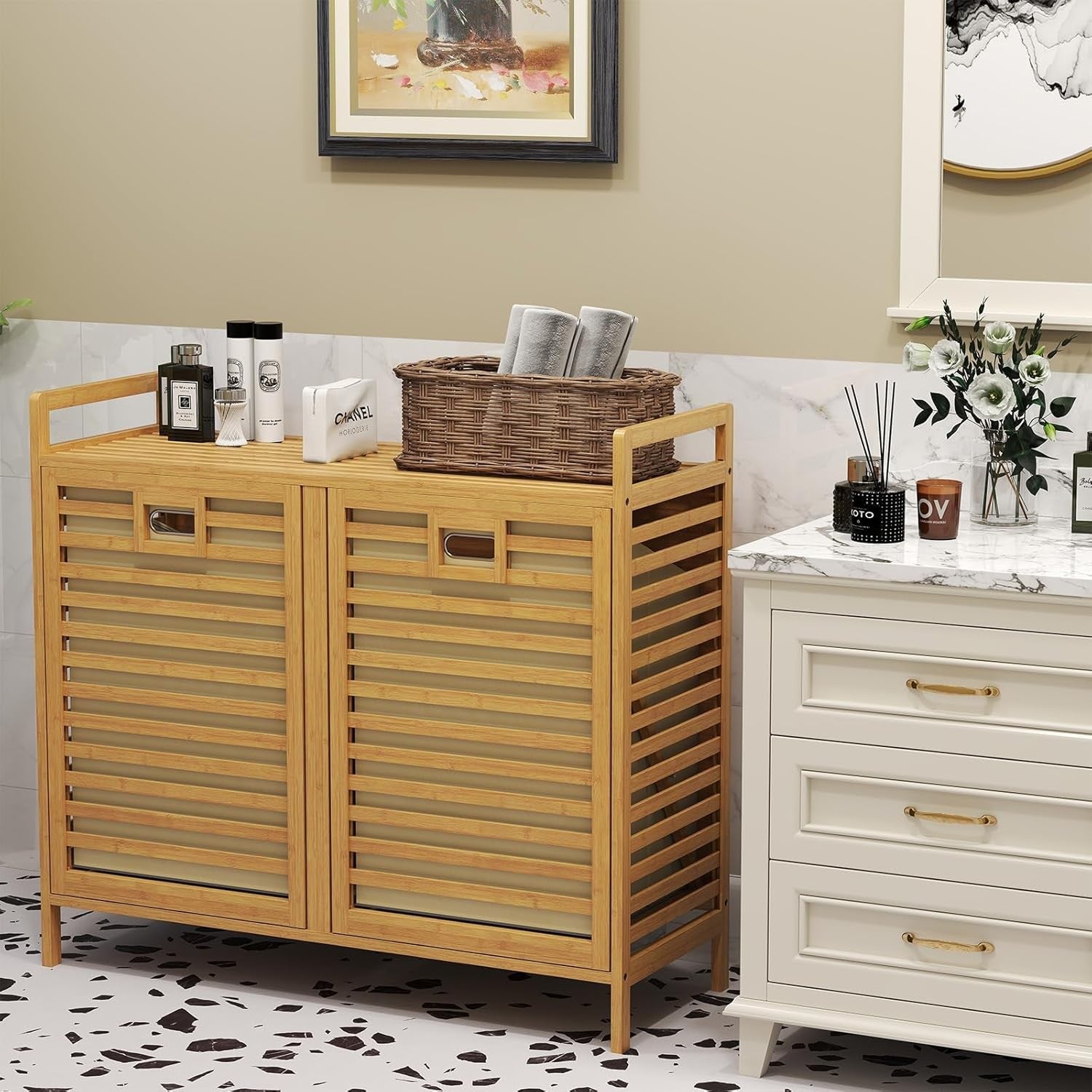 75L Bamboo Double Tilt-Out Laundry Hamper With Shelf Removable Bags Unit