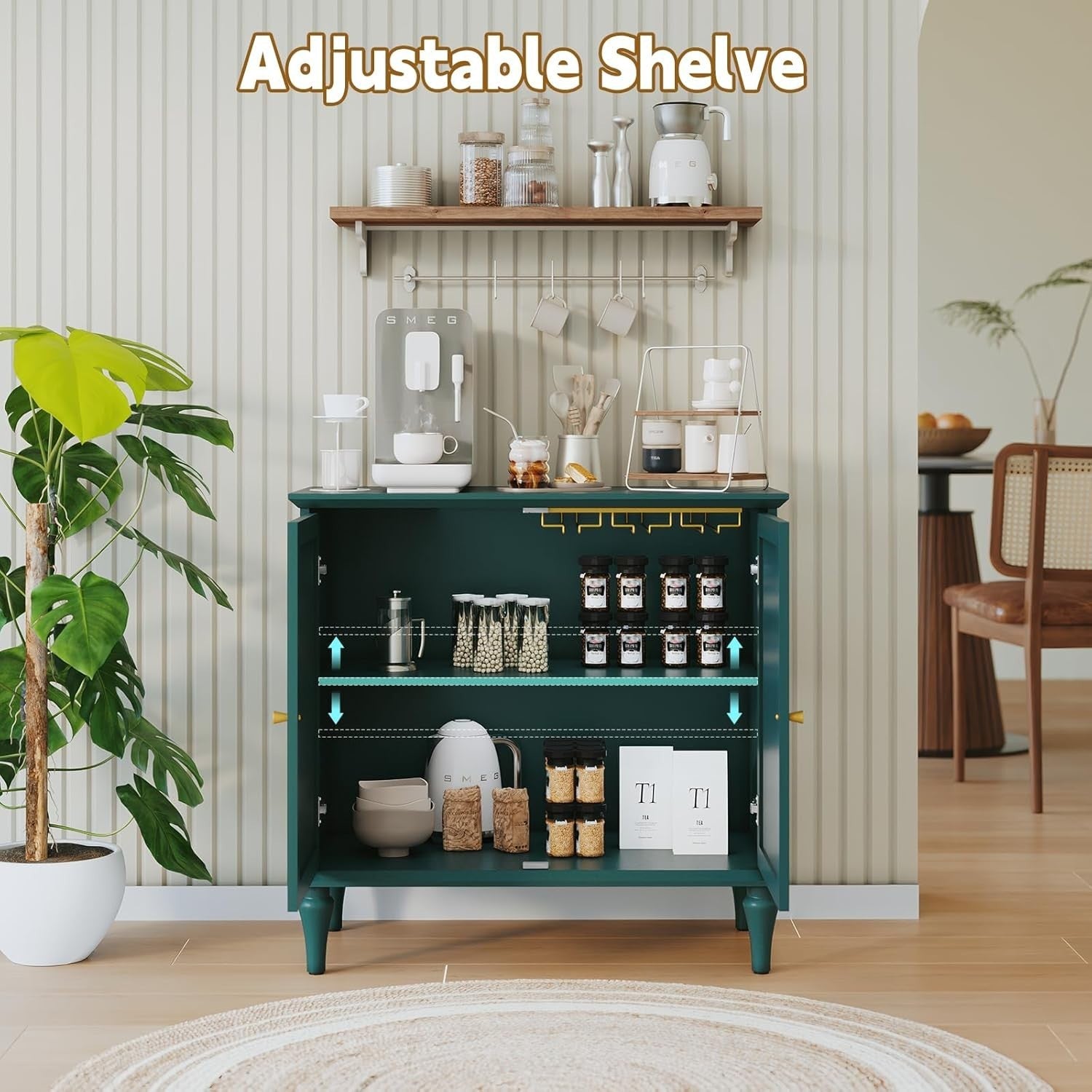 Modern Green Sideboard with Wine Glass Rack, Storage Cabinet for Living Room