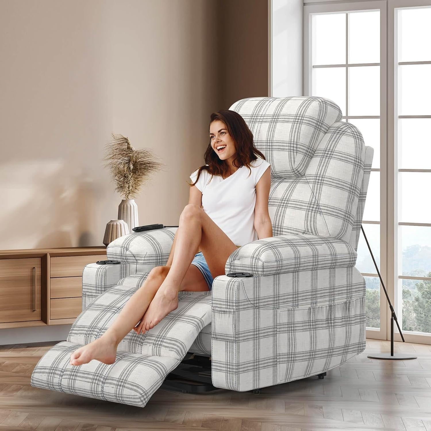 Power Lift Recliner Chair Massage Heat USB Type-C White Plaid Vinyl Cup Holders