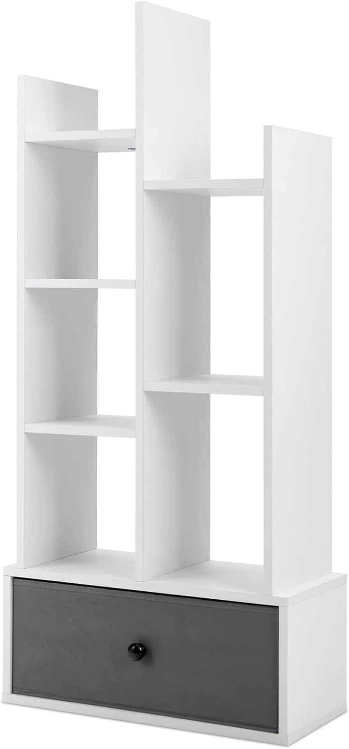 White Tree-Shaped Tall Bookcase 7 Cube Storage Shelf with Drawer 53×24×118cm