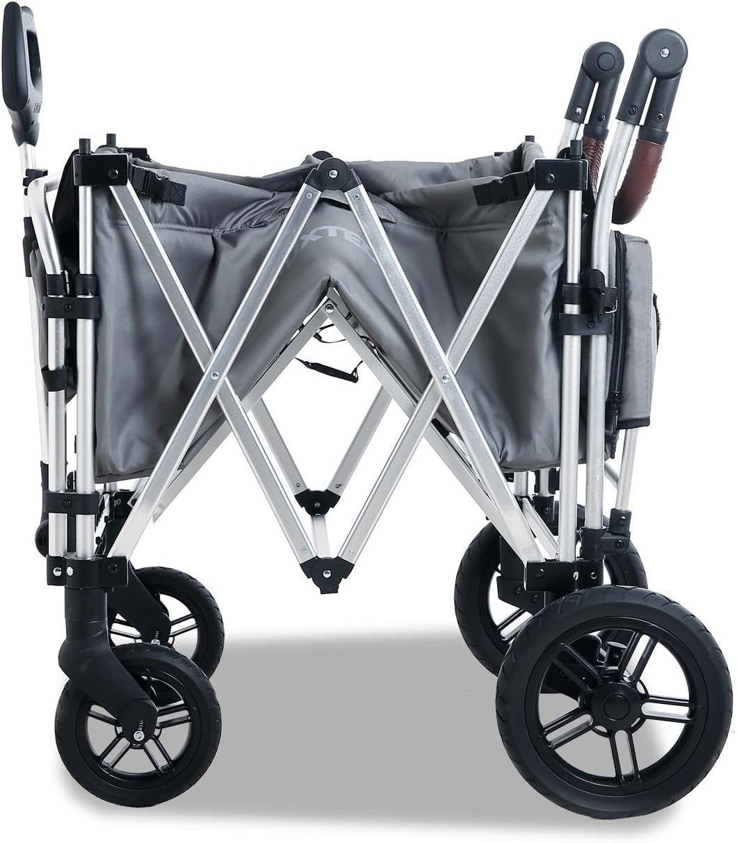Grey All-Terrain 2-Seater Folding Kids Wagon Push Pull Stroller w/ Roof