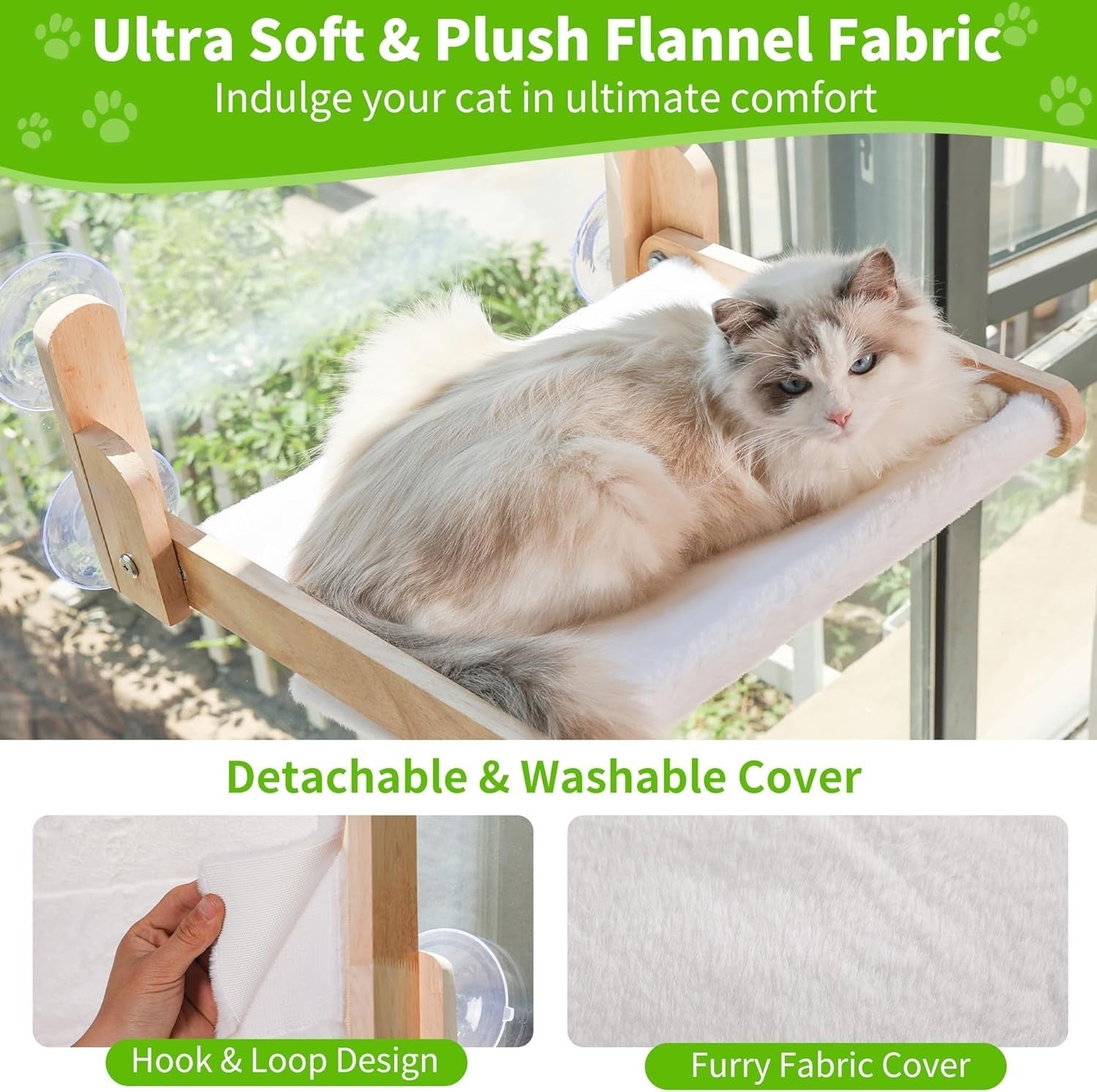Foldable Cat Window Perch Hammock Wood Frame w Rabbit Fur Cover