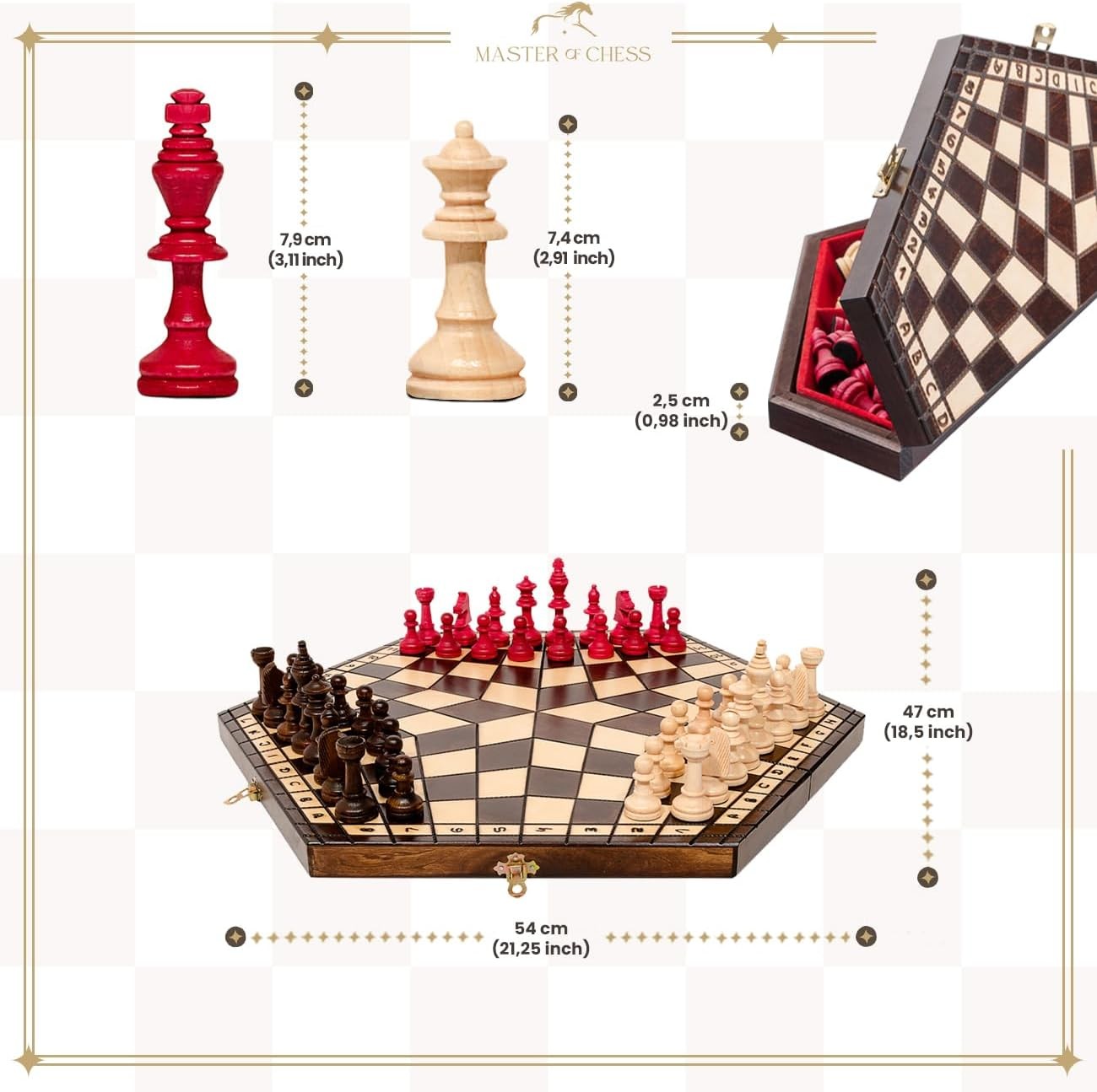 XL 3-Player Wooden Chess Set 54×47cm Handcrafted Board Travel Table Game