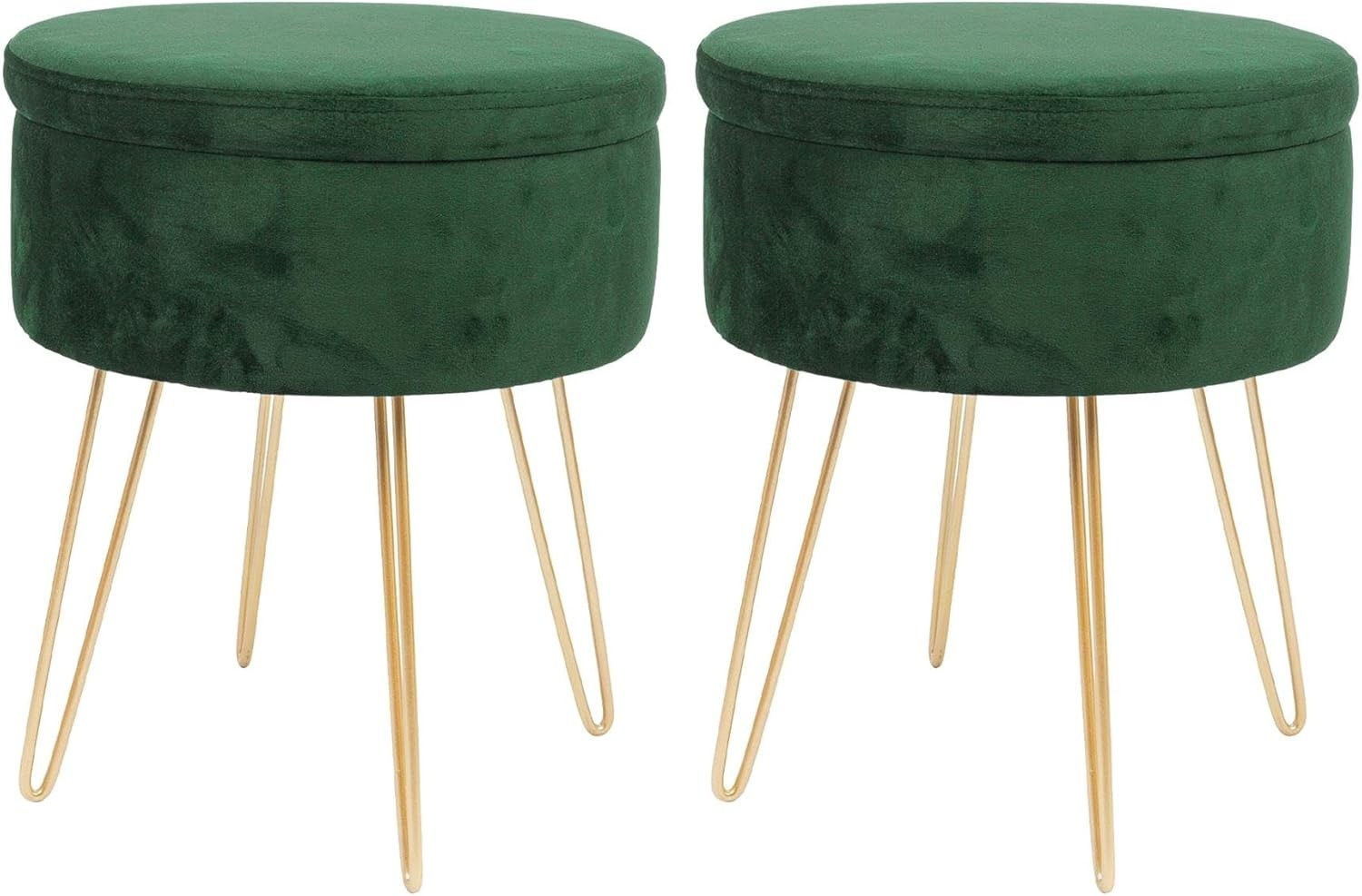 Set of 2 Green Velvet Storage Footstools Gold Legs Modern Round Pouffes