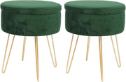 Set of 2 Green Velvet Storage Footstools Gold Legs Modern Round Pouffes