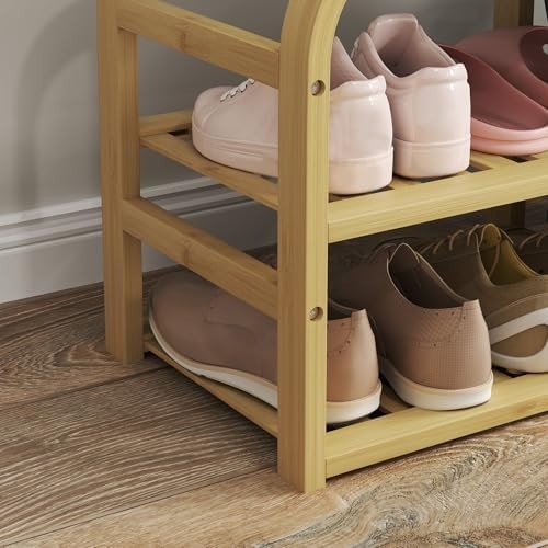 Natural Bamboo Shoe Storage Bench with Cushion & Basket 2 Shelves Entryway