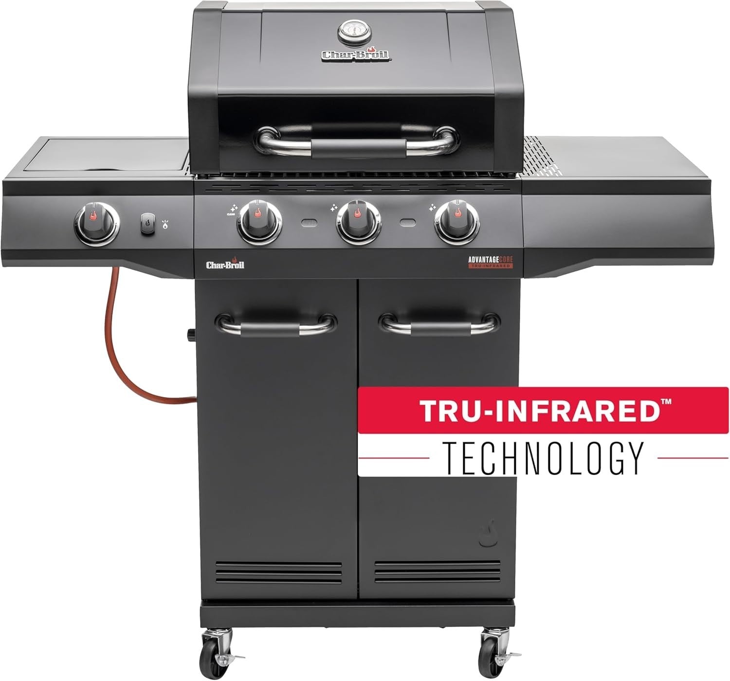 3 Burner Gas BBQ Grill with Side Burner, Infrared Cooking, Cast Iron Grates