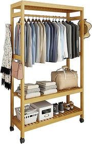 Bamboo Clothes Rack Rolling Garment Rail with Shelves & Wheels