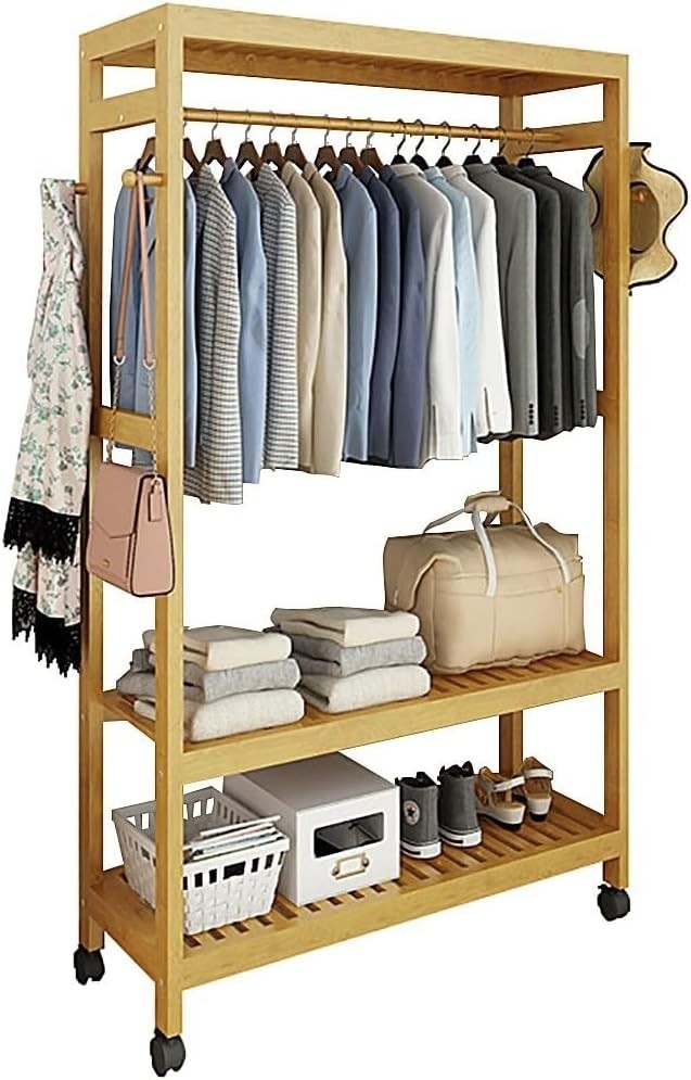 Bamboo Clothes Rack Rolling Garment Rail with Shelves & Wheels