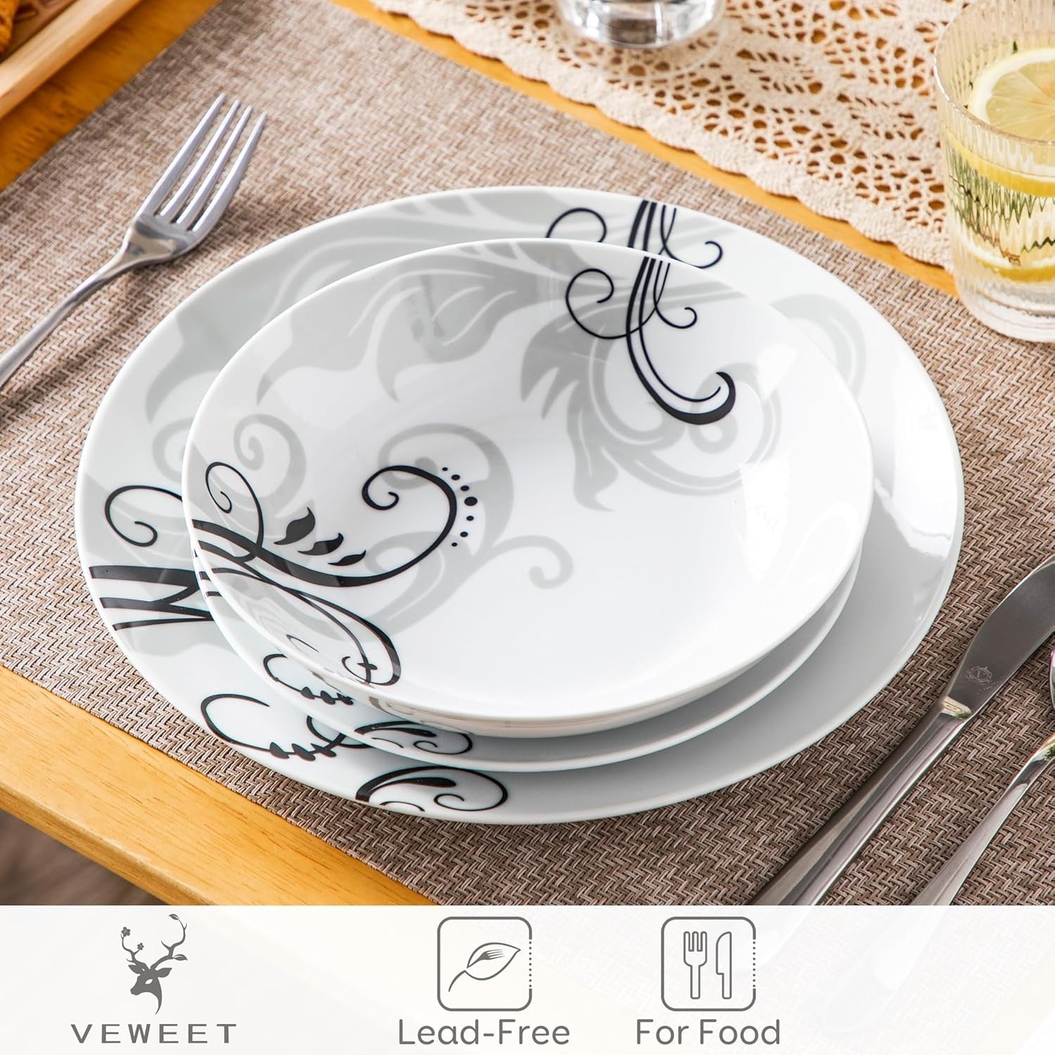 18 Piece Porcelain Dinner Set Plates Bowls Modern Swirl Dishwasher Safe