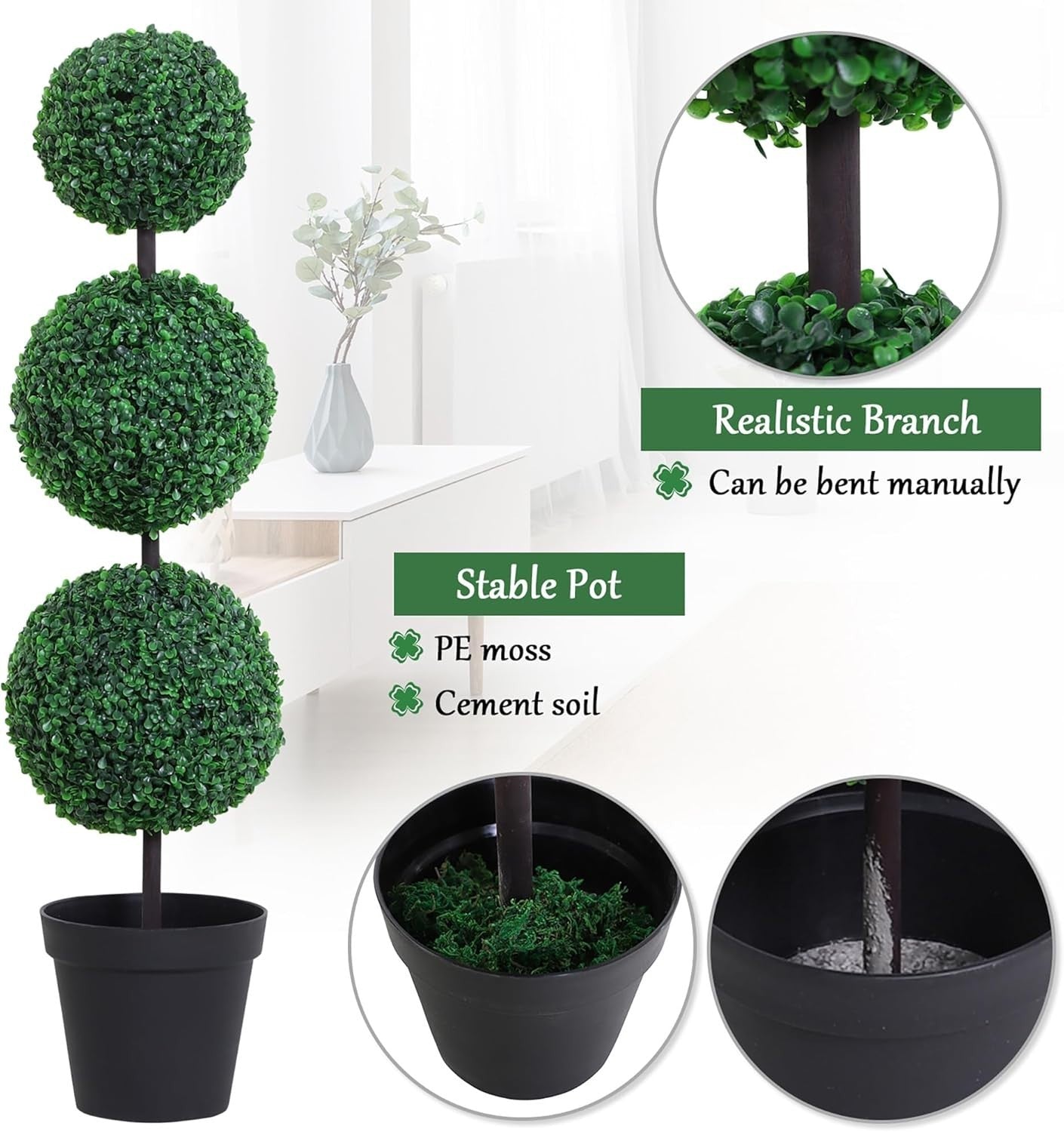 Set of 2 Artificial Boxwood Ball Trees 112cm Faux Green 3 Ball Topiary Decor