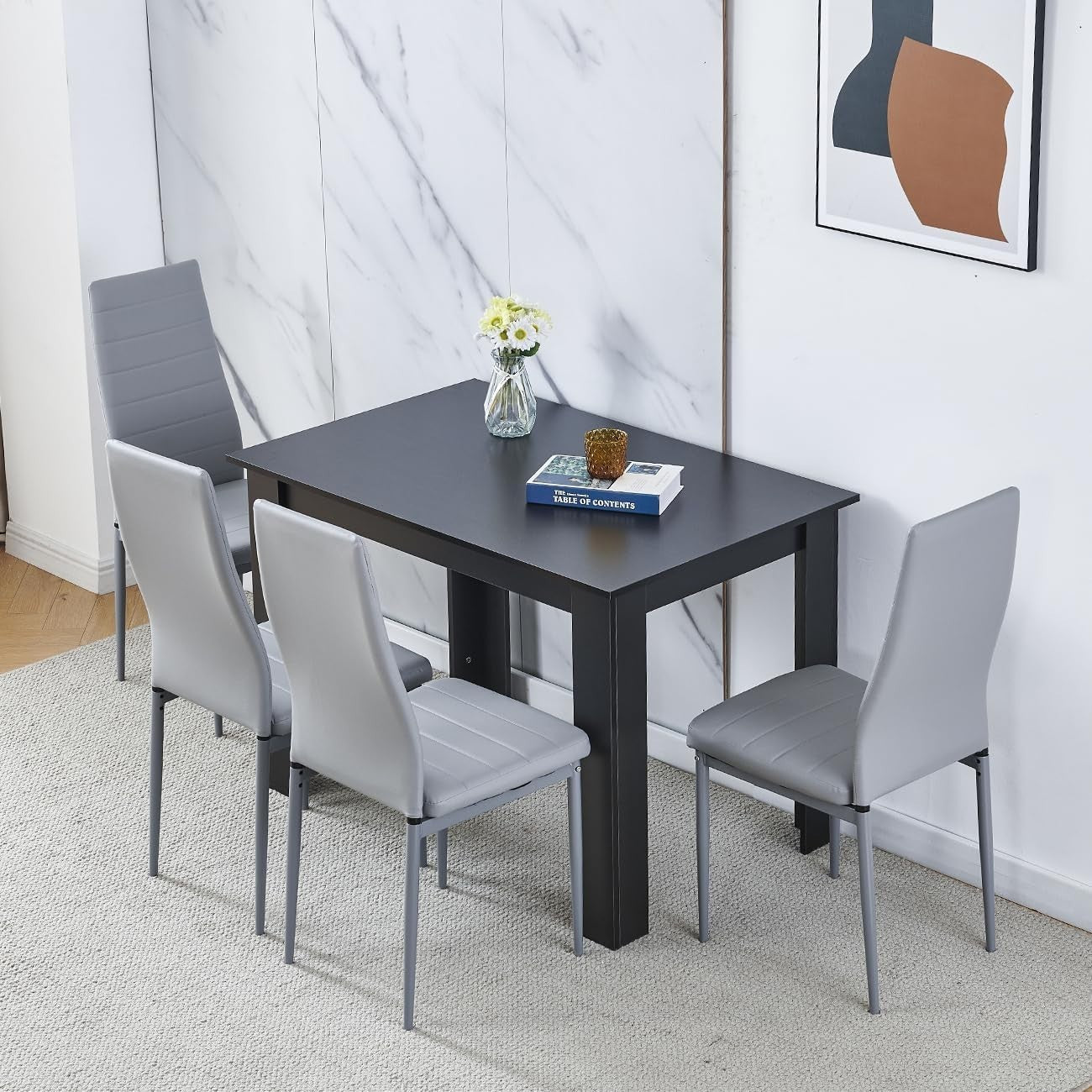 Walnut Black Dining Table Set 4 Faux Leather Chairs | 110x70cm Small Room