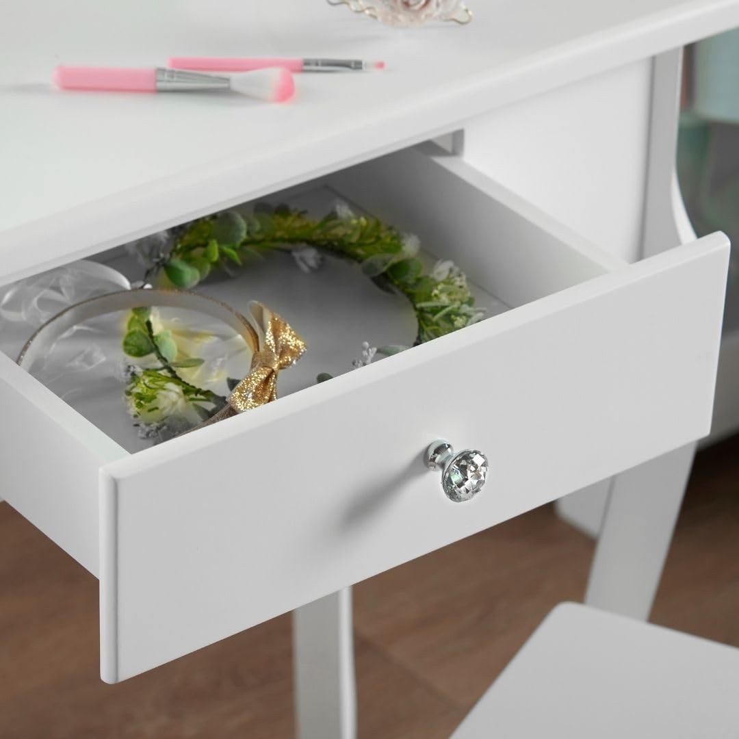 Kids White Wooden Dressing Table with Mirror & Stool Girls Vanity Set
