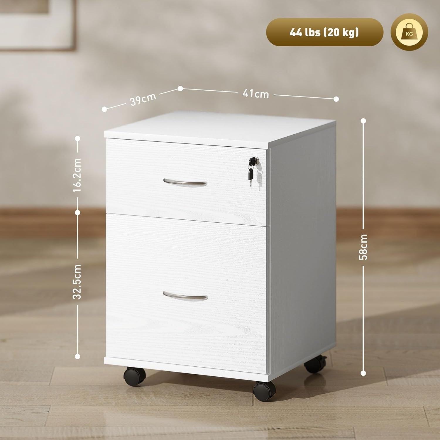 Locking 2 Drawer Rolling File Cabinet Under Desk Printer Stand White