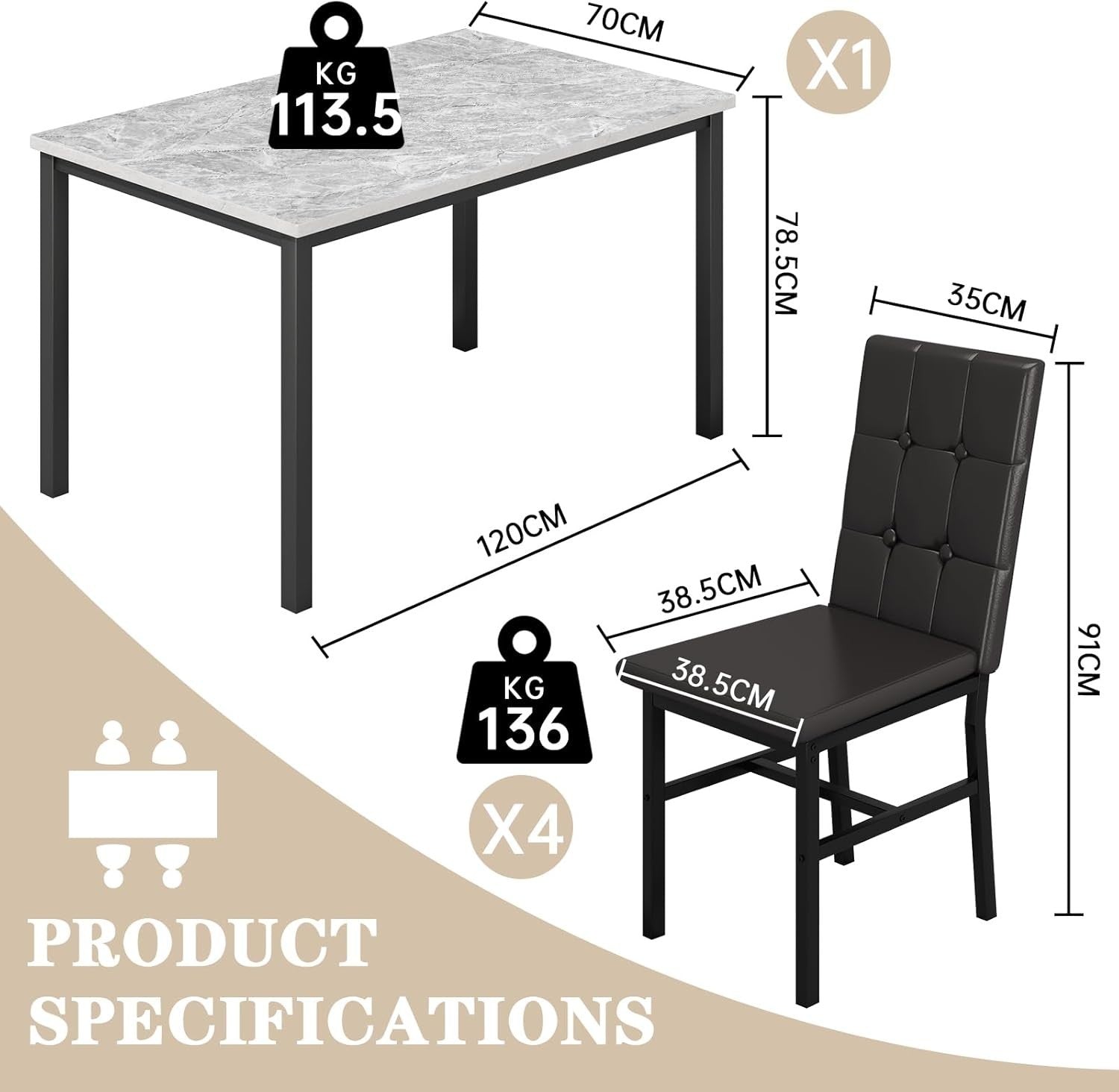 Faux Marble Dining Table & 4 Black PU Leather Chairs Set for Small Rooms